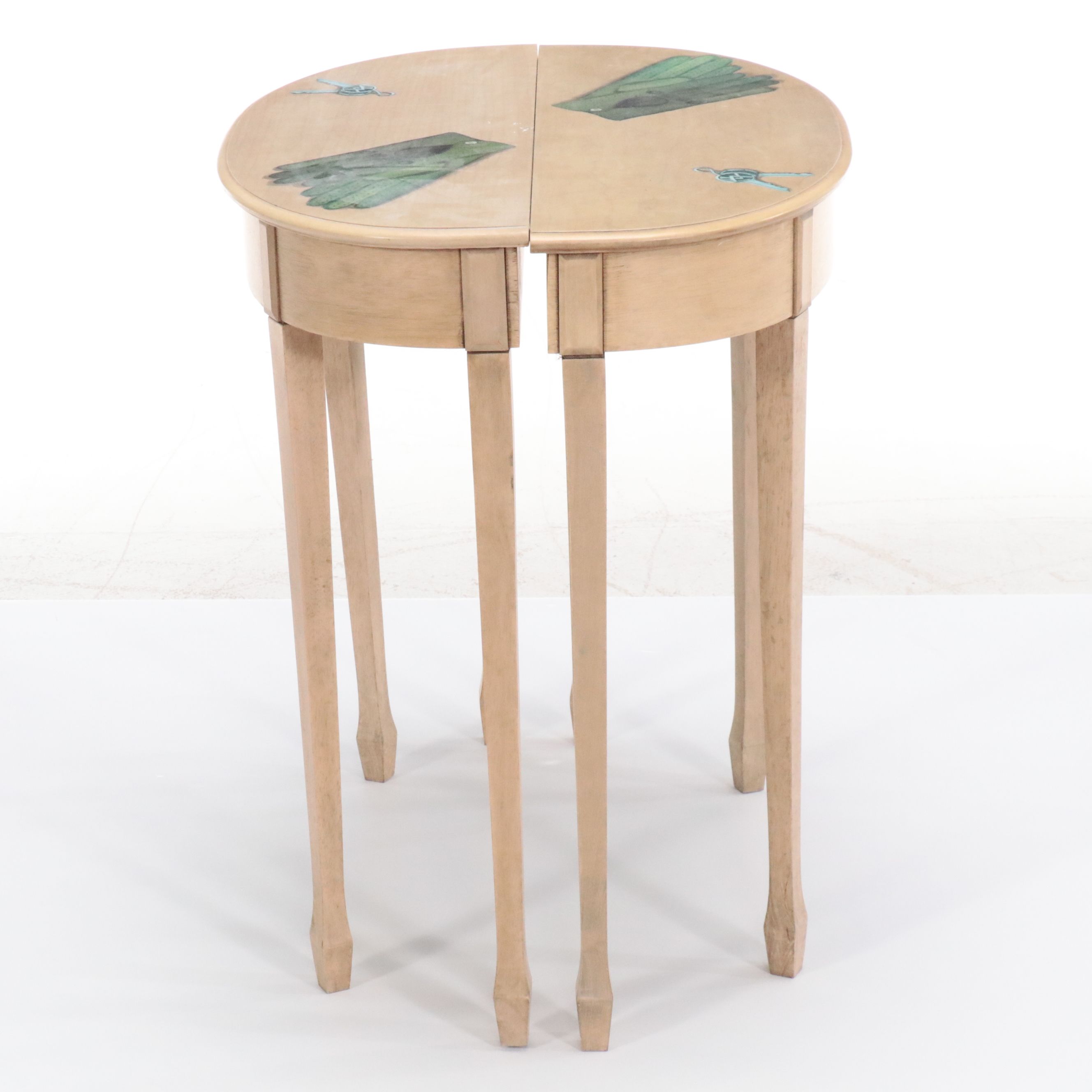 Pair of Bombay Co. Paint-Decorated Demilune Hall Tables