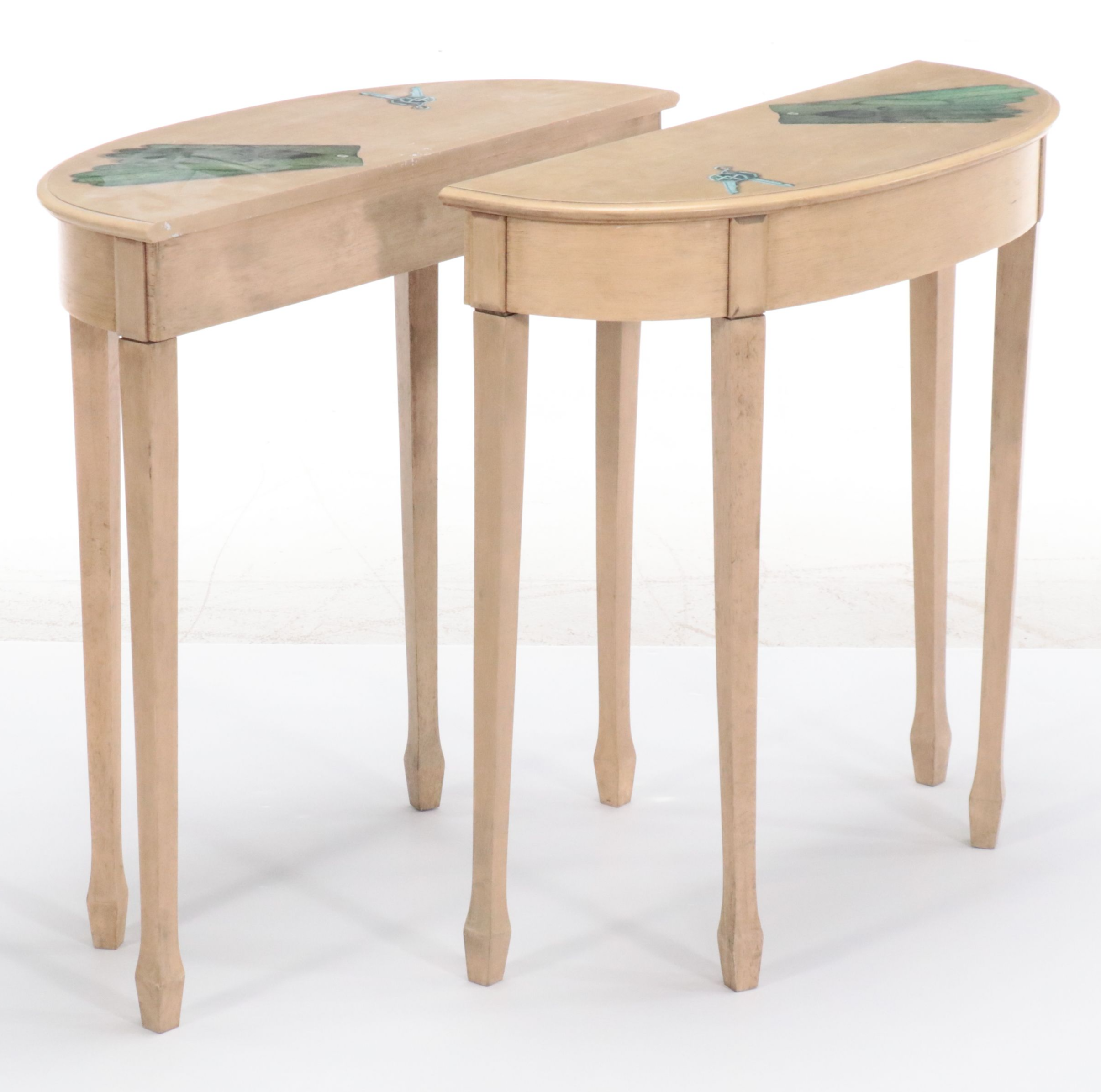 Pair of Bombay Co. Paint-Decorated Demilune Hall Tables