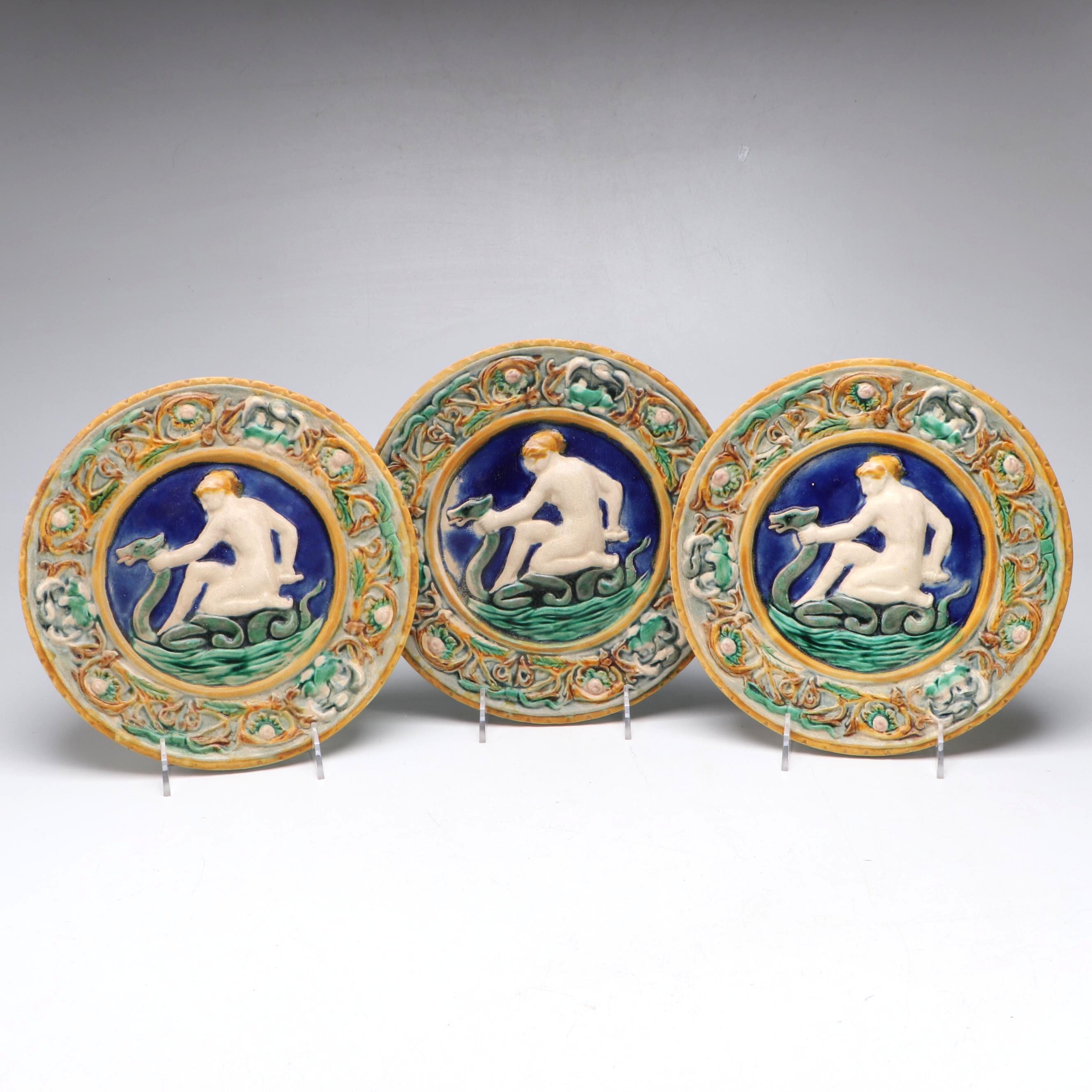 English Majolica Art Nouveau Style Myth of Thetis Cabinet  Plates
