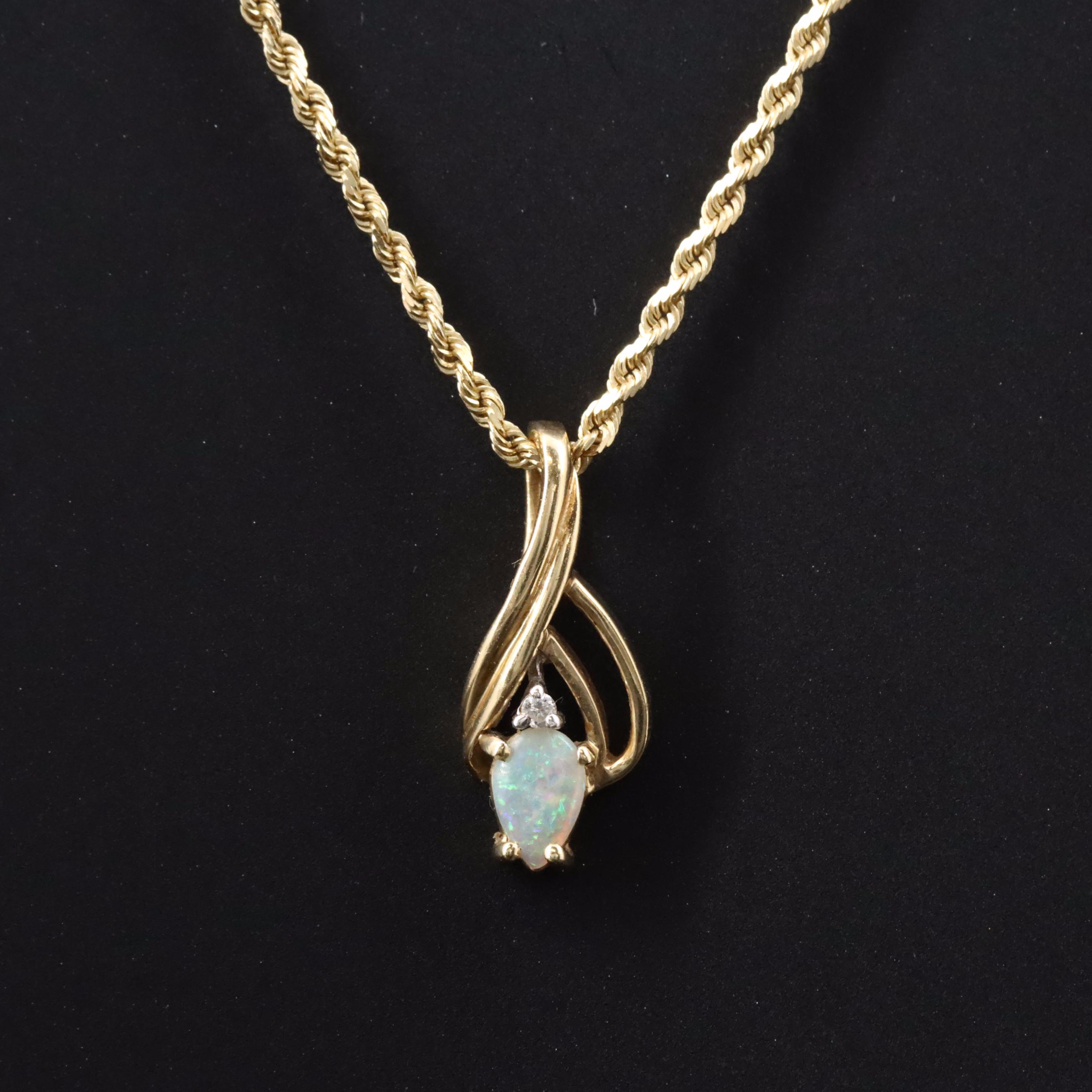 Vintage 14K Opal and Diamond Gemstone Necklace