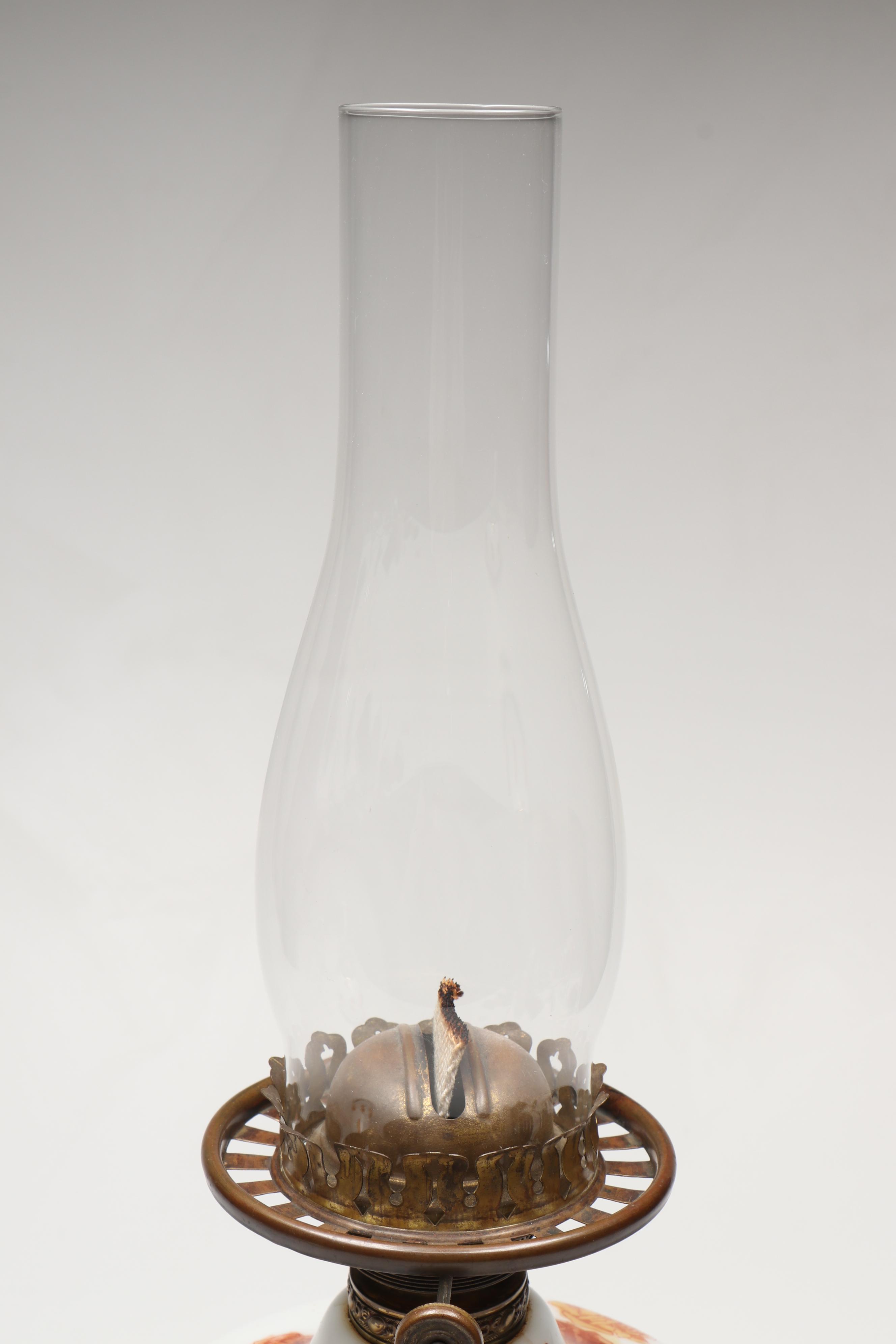 Vintage Floral Milk Glass and Brass Oil Lamp