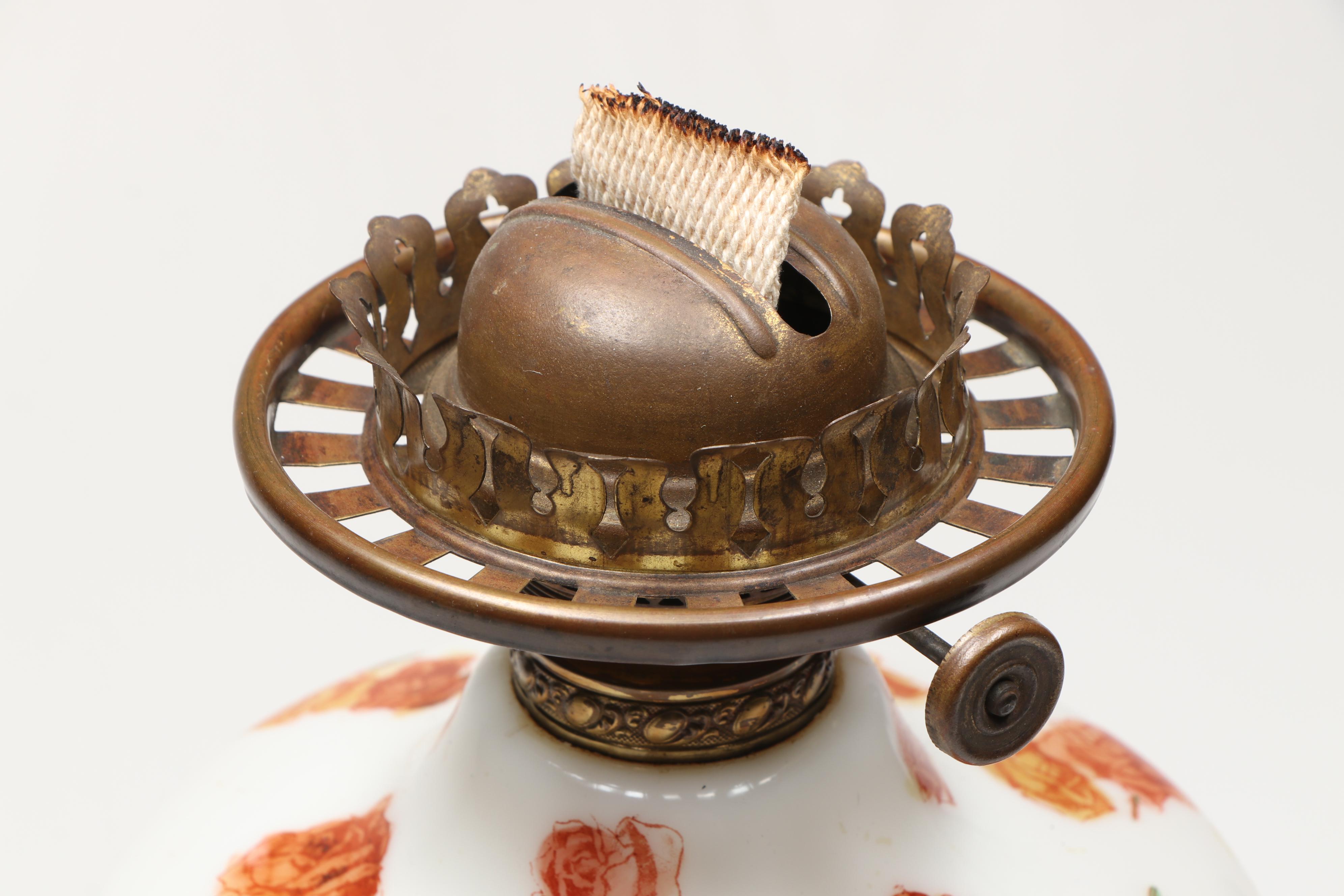 Vintage Floral Milk Glass and Brass Oil Lamp