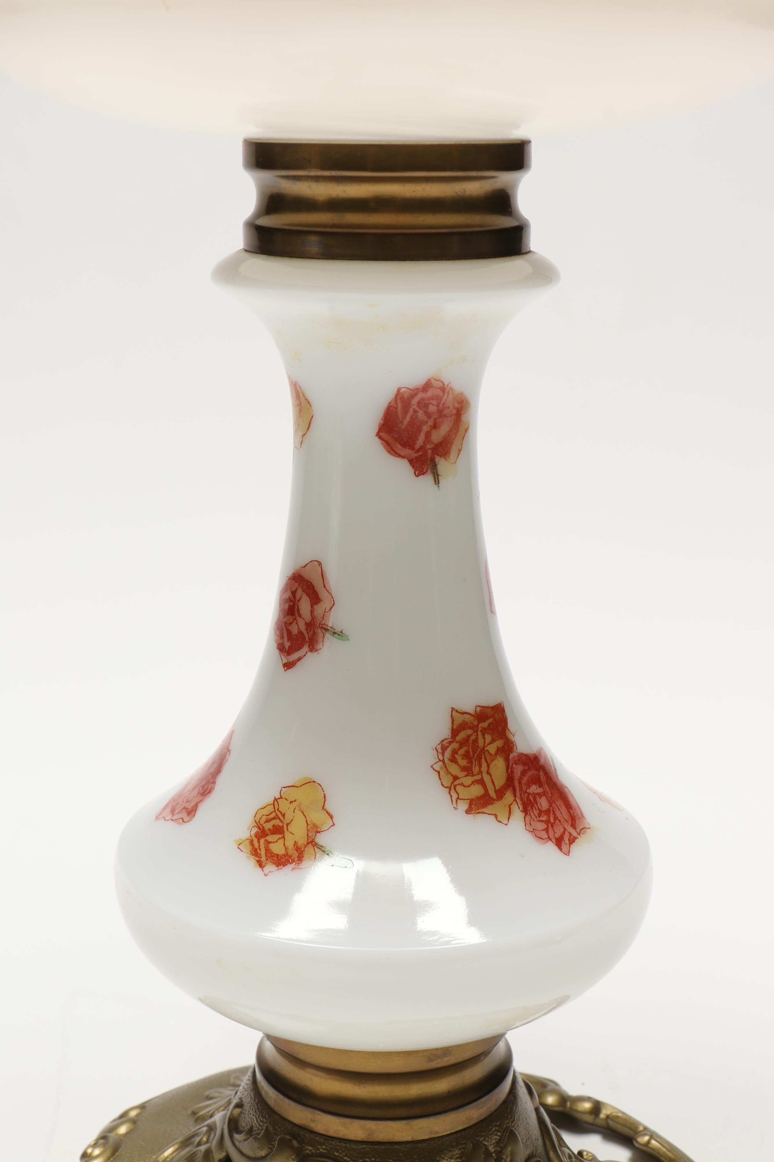 Vintage Floral Milk Glass and Brass Oil Lamp