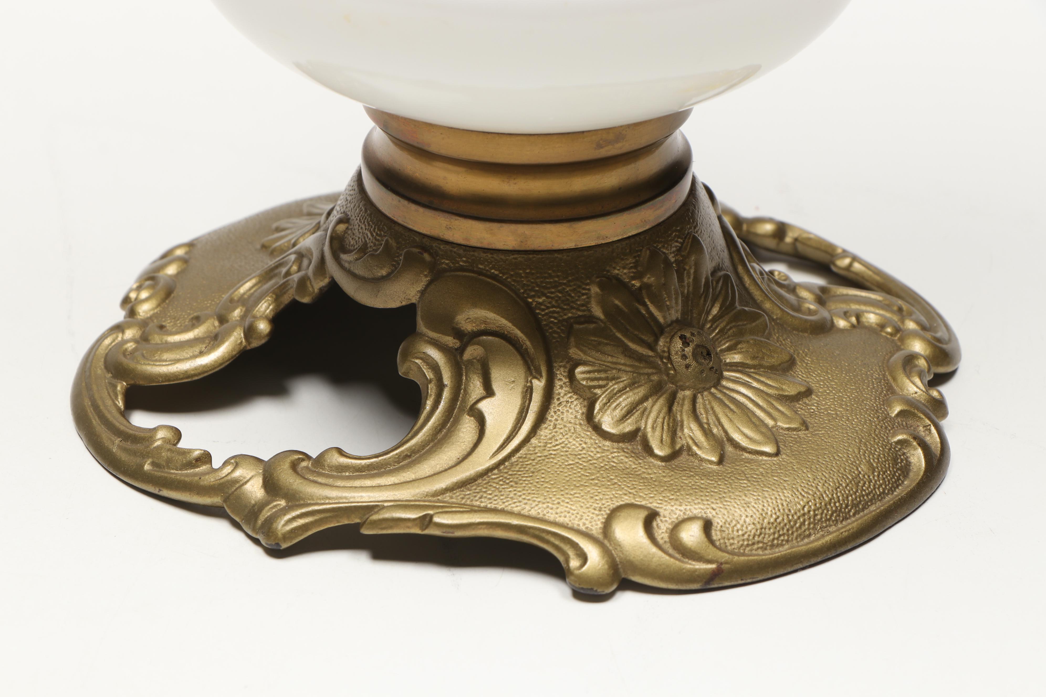 Vintage Floral Milk Glass and Brass Oil Lamp