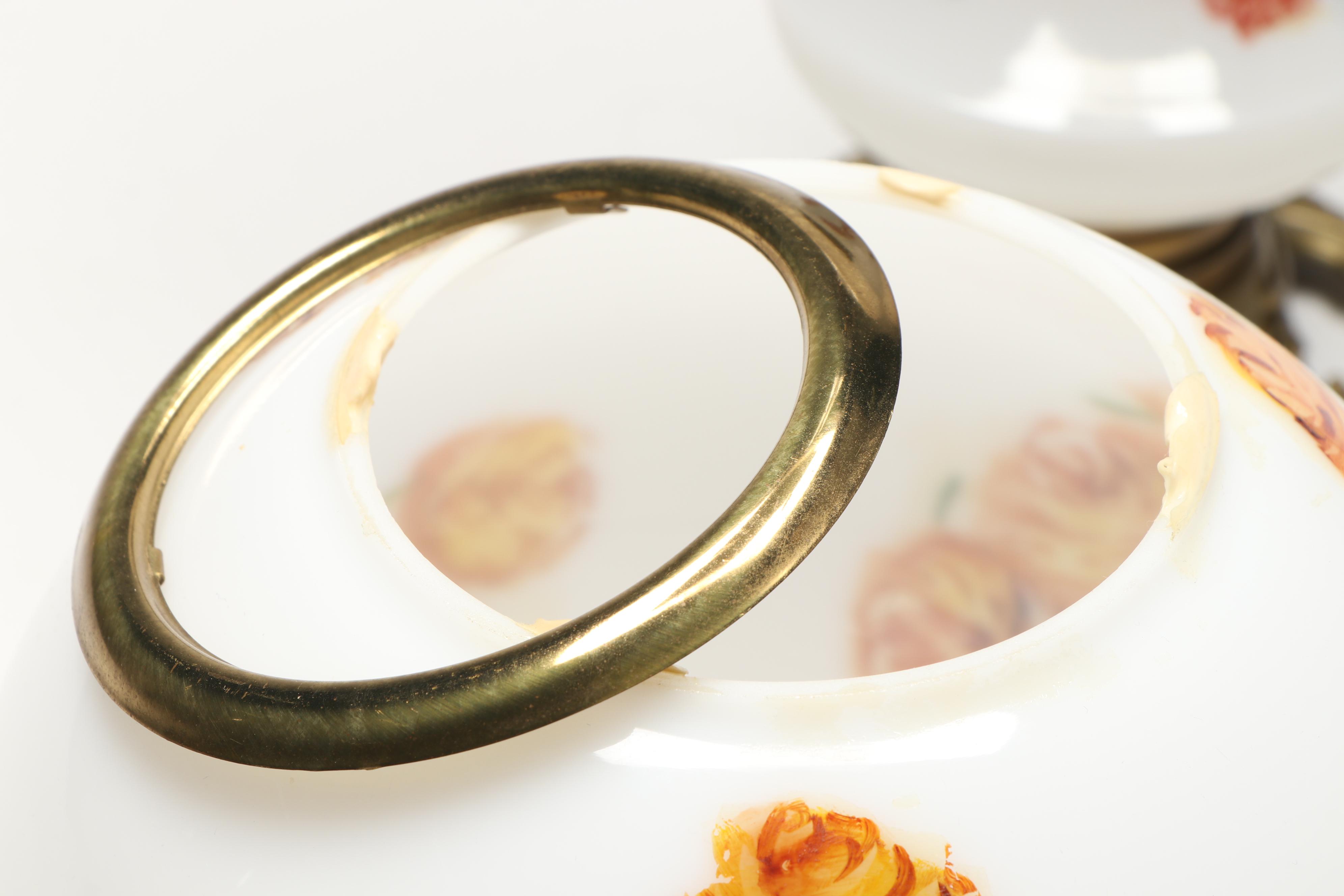 Vintage Floral Milk Glass and Brass Oil Lamp