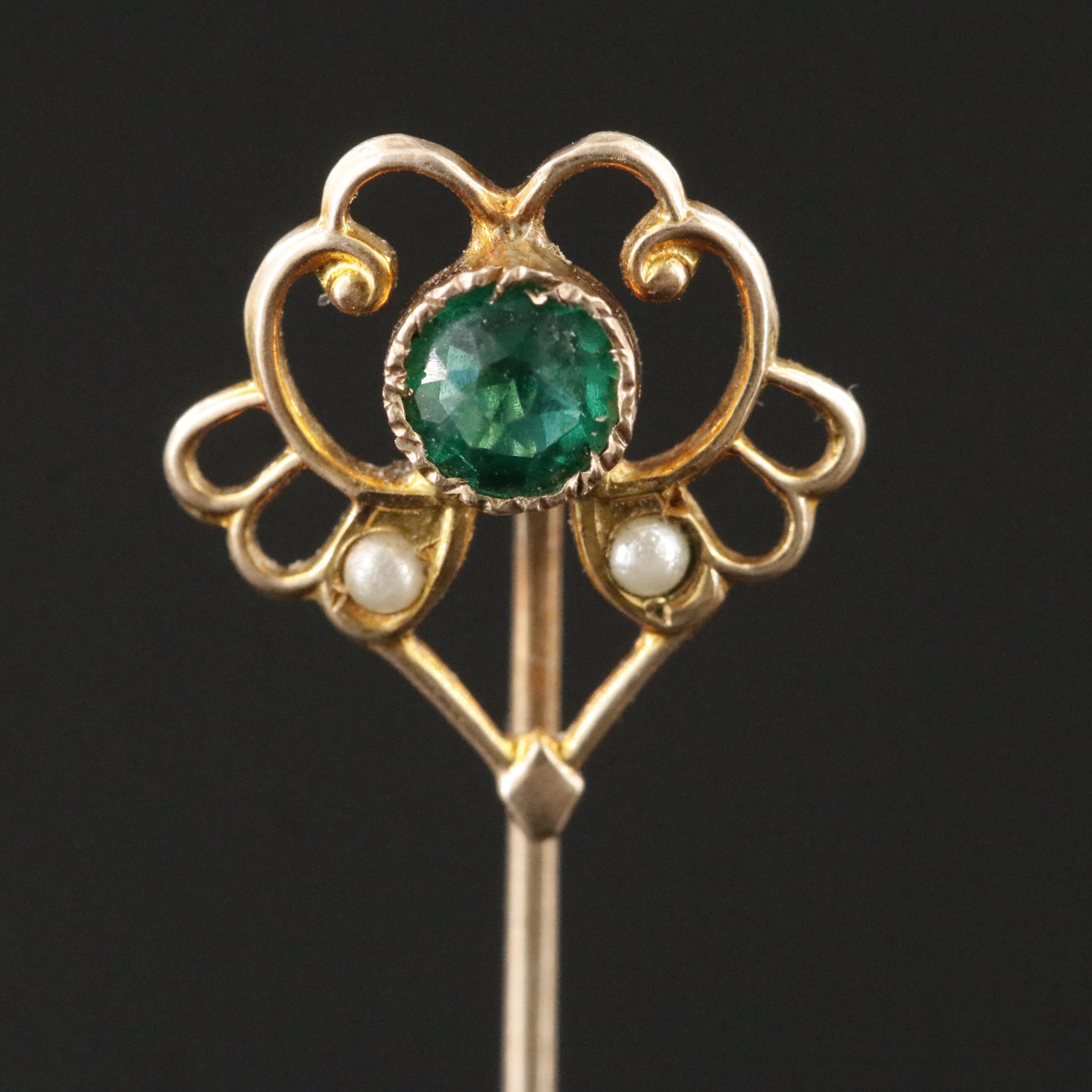 Early 1900s 10K Glass and Faux Pearl Stickpin