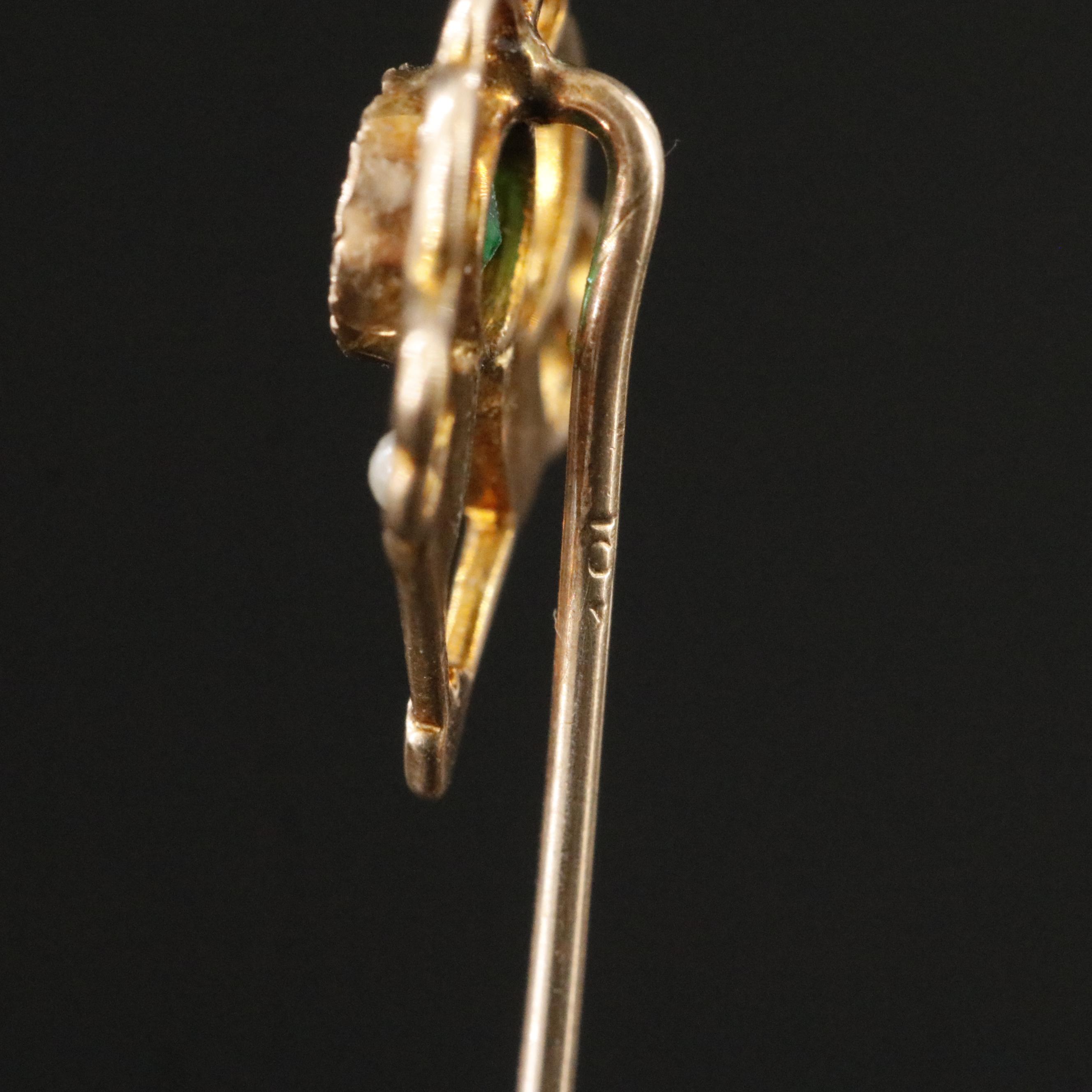 Early 1900s 10K Glass and Faux Pearl Stickpin