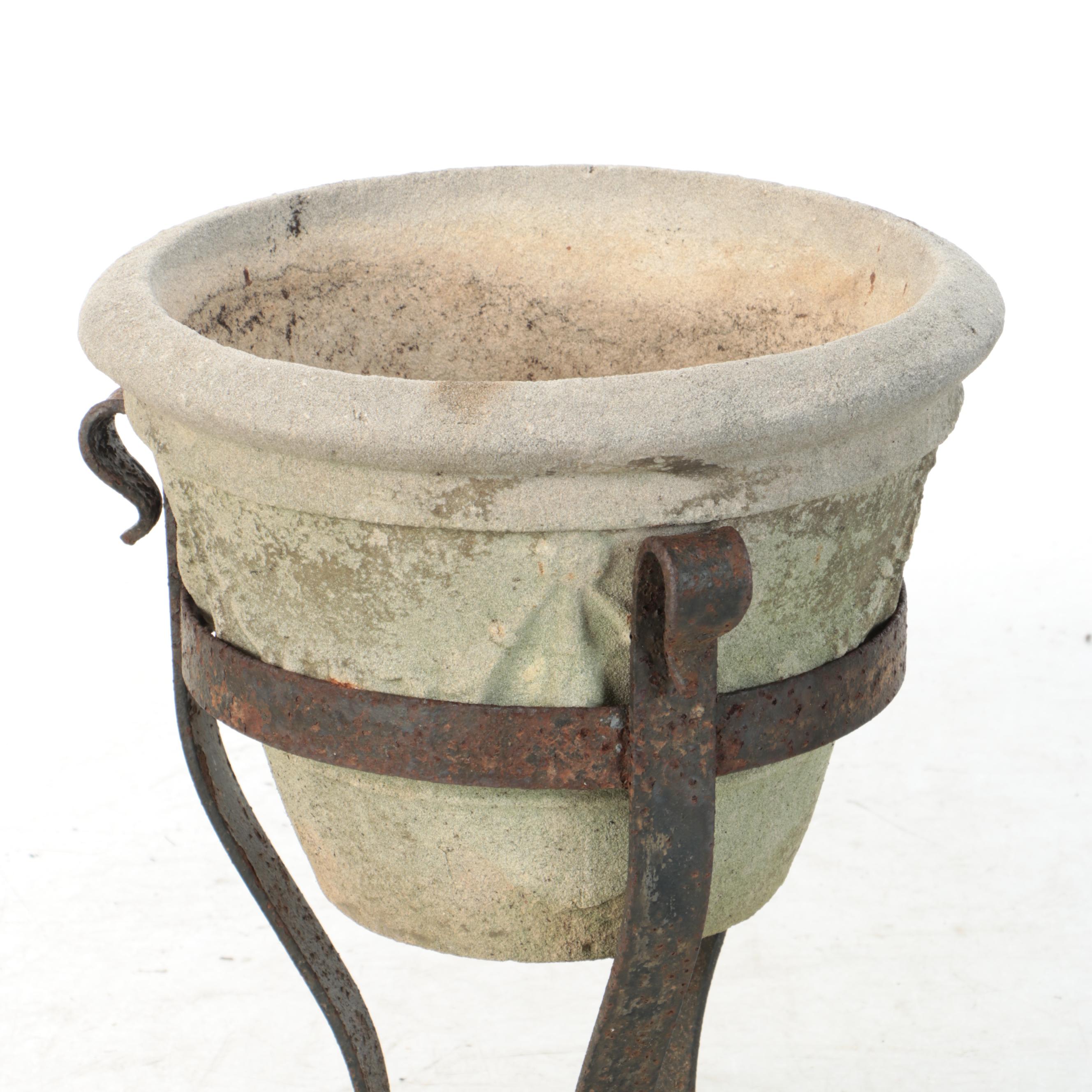 Italian Style Wrought Iron and Cement Footed Planter