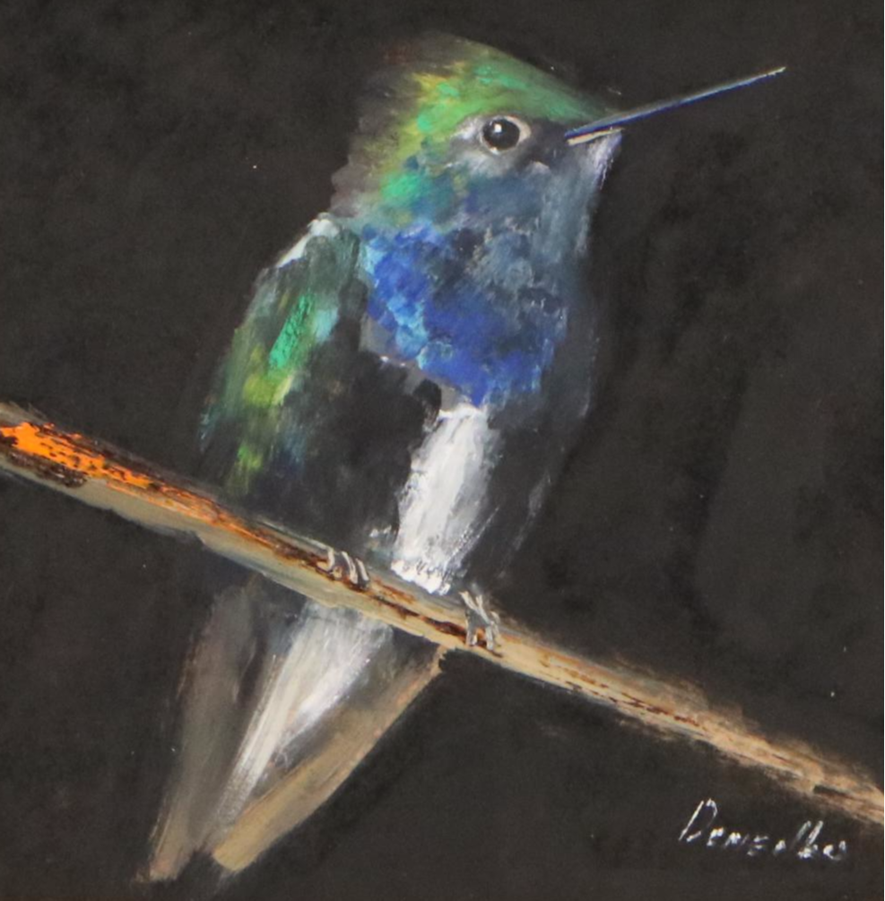 Natalia Demenko Oil Painting of Hummingbird Perched on Branch, Circa 2025