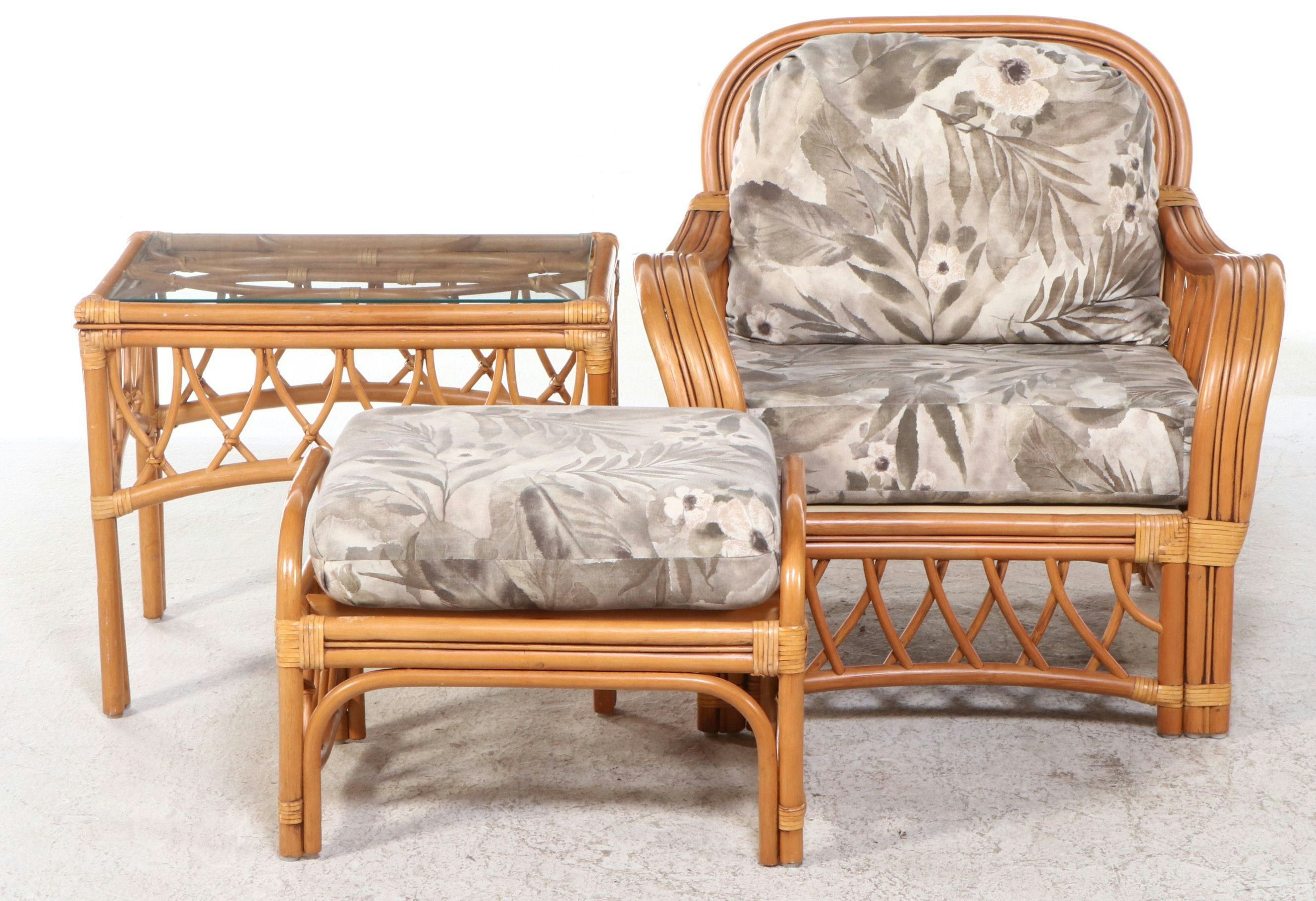 Rattan Armchair and Ottoman with Glass Top End Table