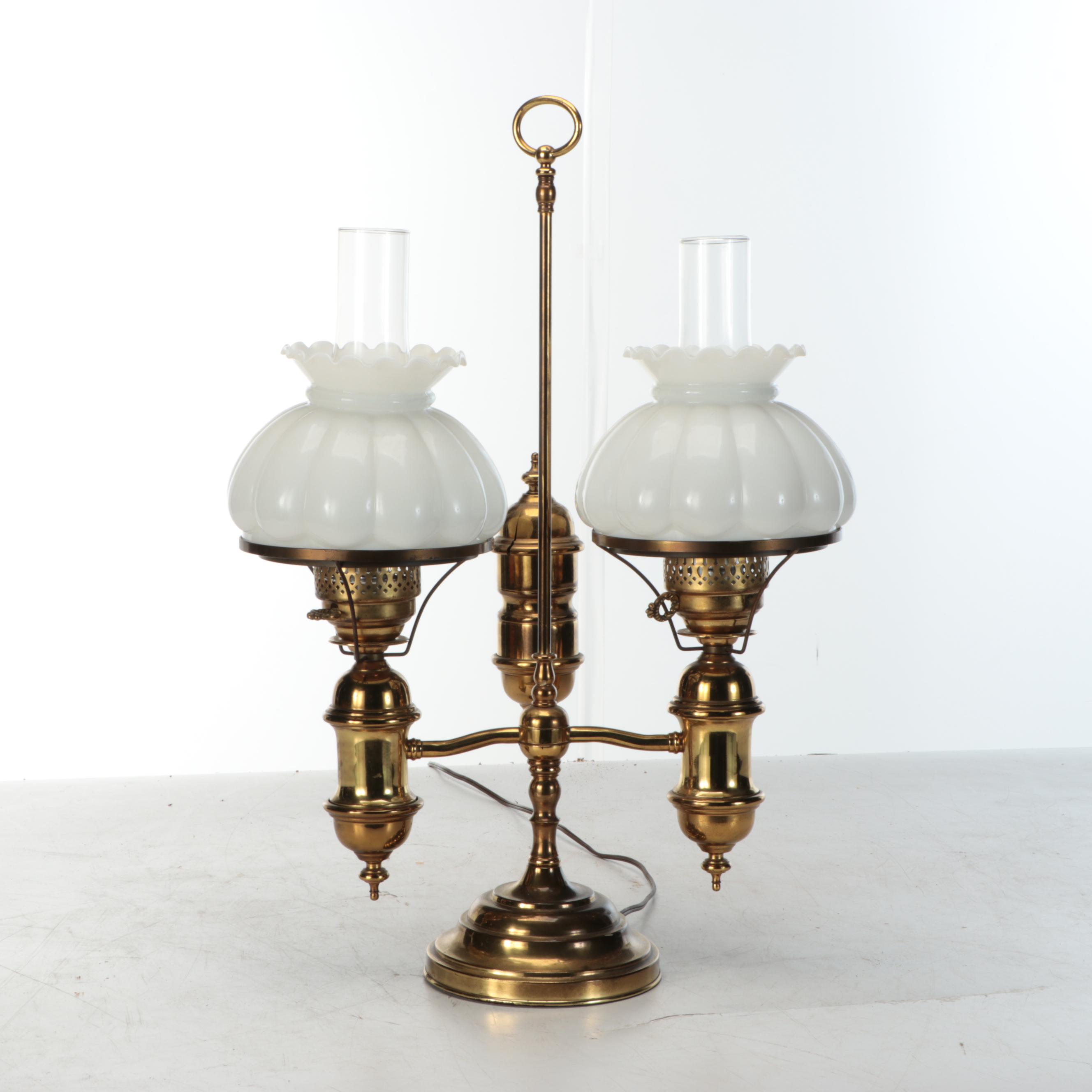 Victorian Style Dual Arm Brass Finish Student Lamp with Milk Glass Shades