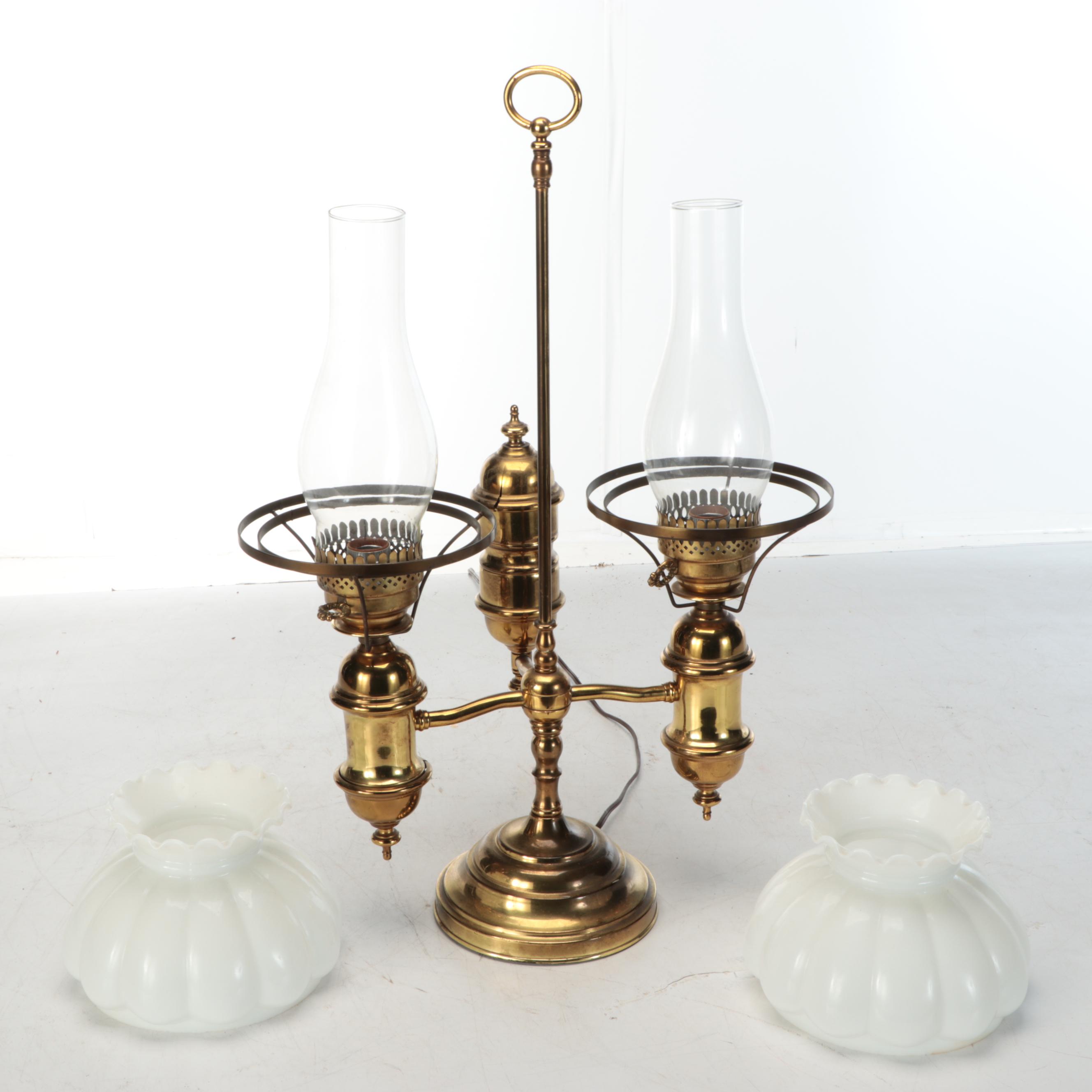 Victorian Style Dual Arm Brass Finish Student Lamp with Milk Glass Shades
