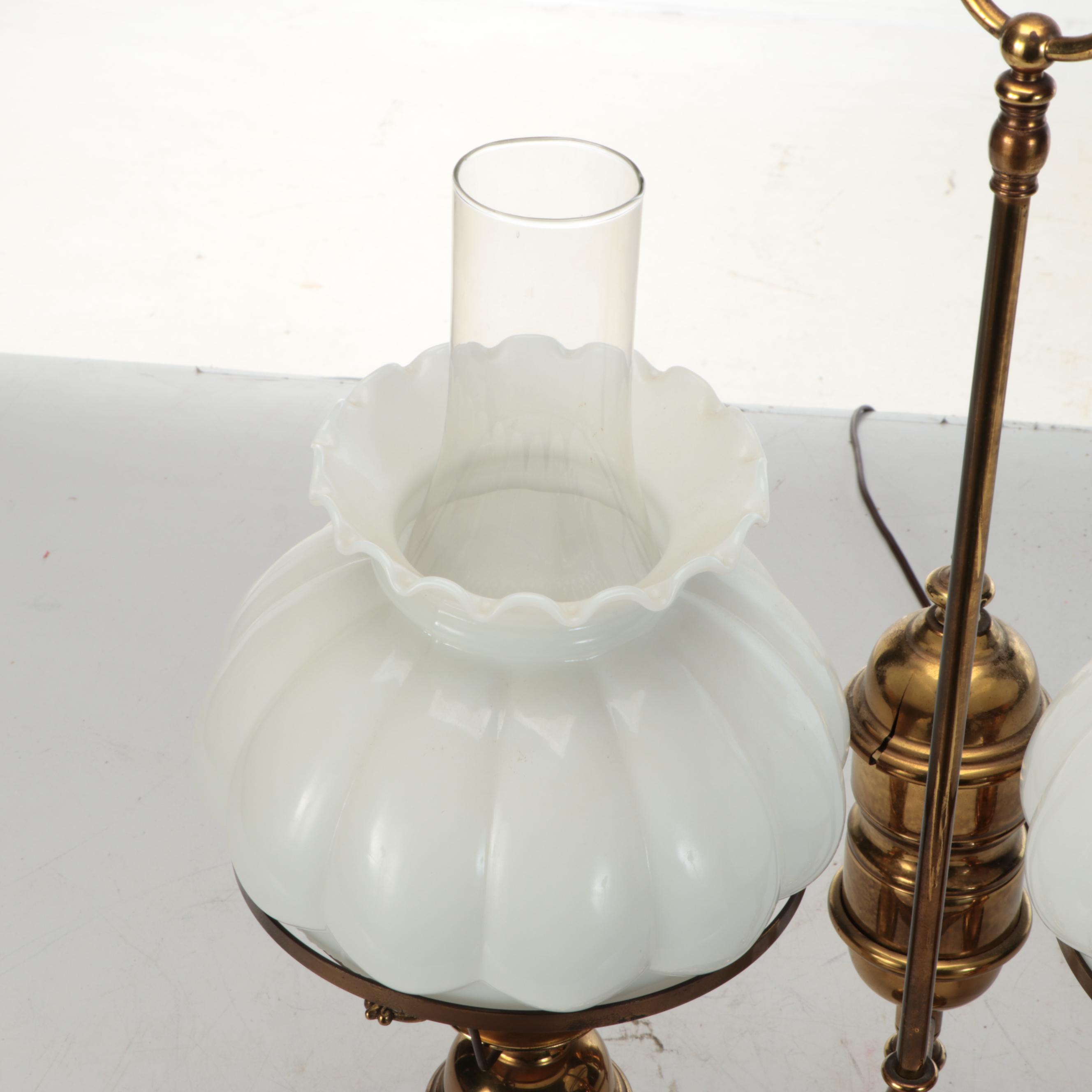Victorian Style Dual Arm Brass Finish Student Lamp with Milk Glass Shades