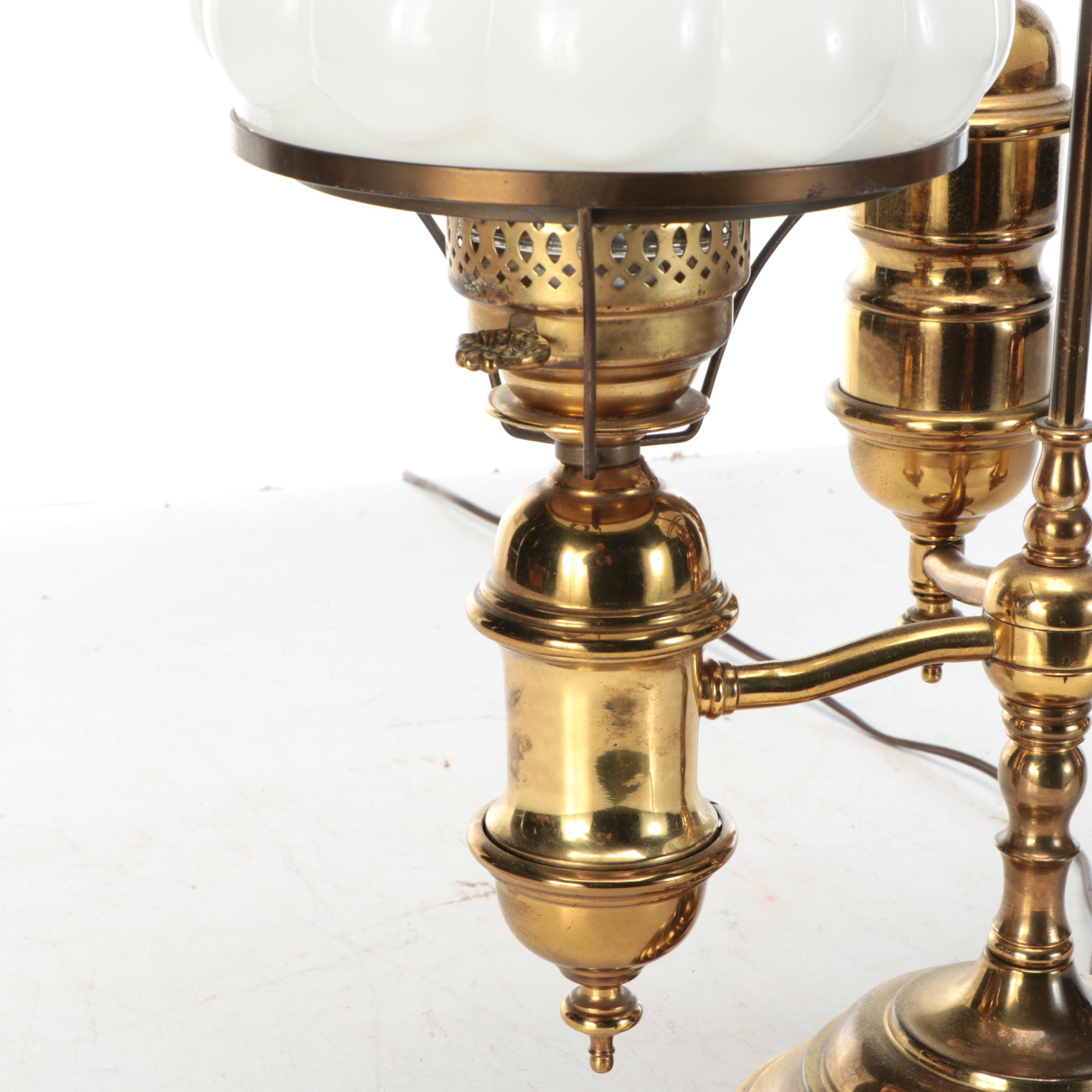 Victorian Style Dual Arm Brass Finish Student Lamp with Milk Glass Shades