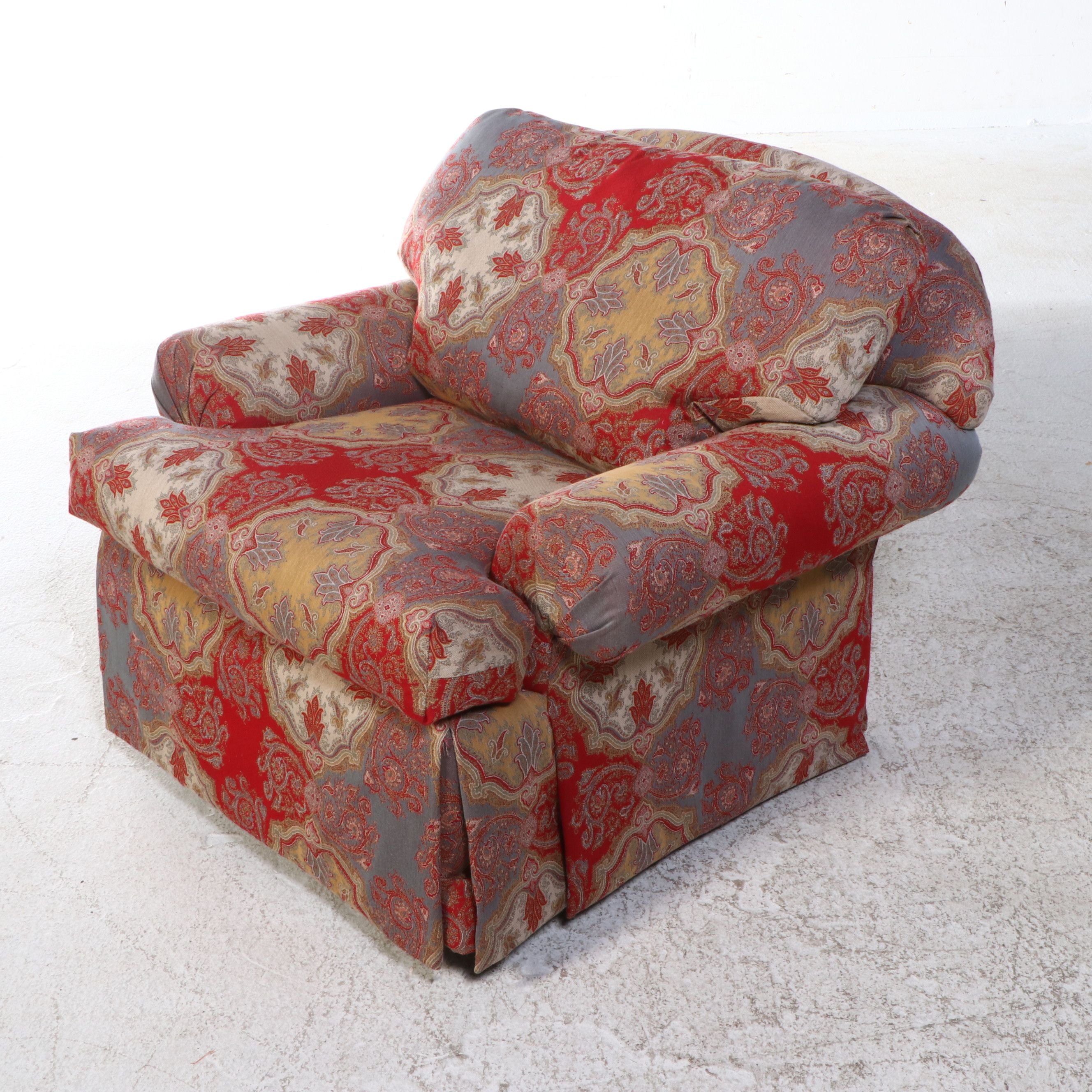 Pair of Overstuffed Upholstered Swivel Armchairs