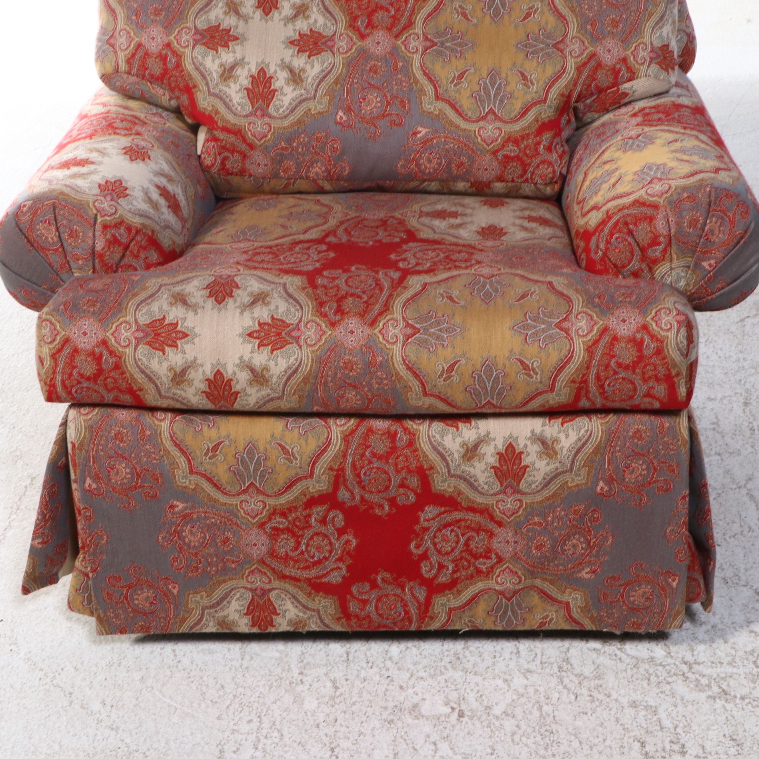 Pair of Overstuffed Upholstered Swivel Armchairs