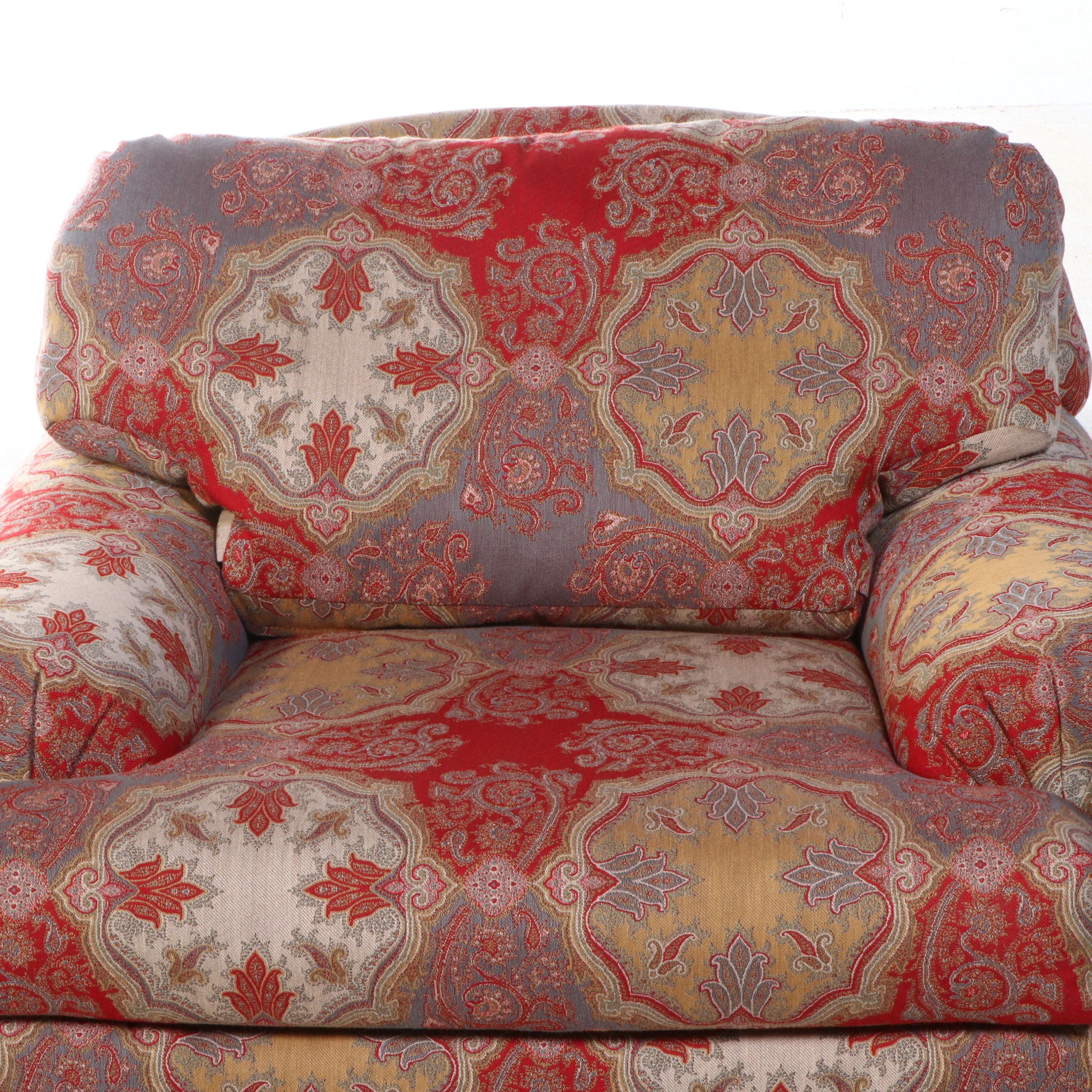 Pair of Overstuffed Upholstered Swivel Armchairs