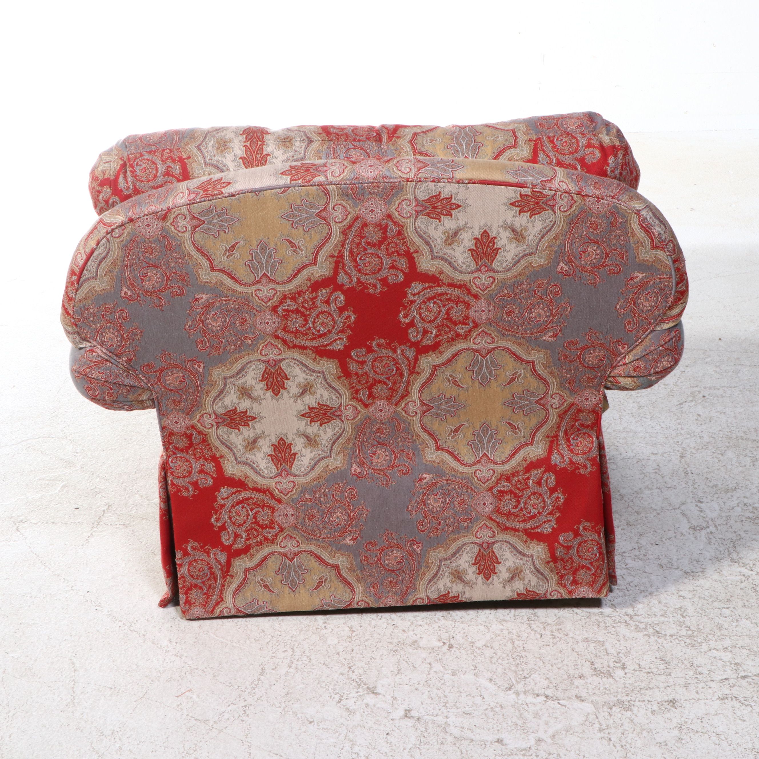 Pair of Overstuffed Upholstered Swivel Armchairs