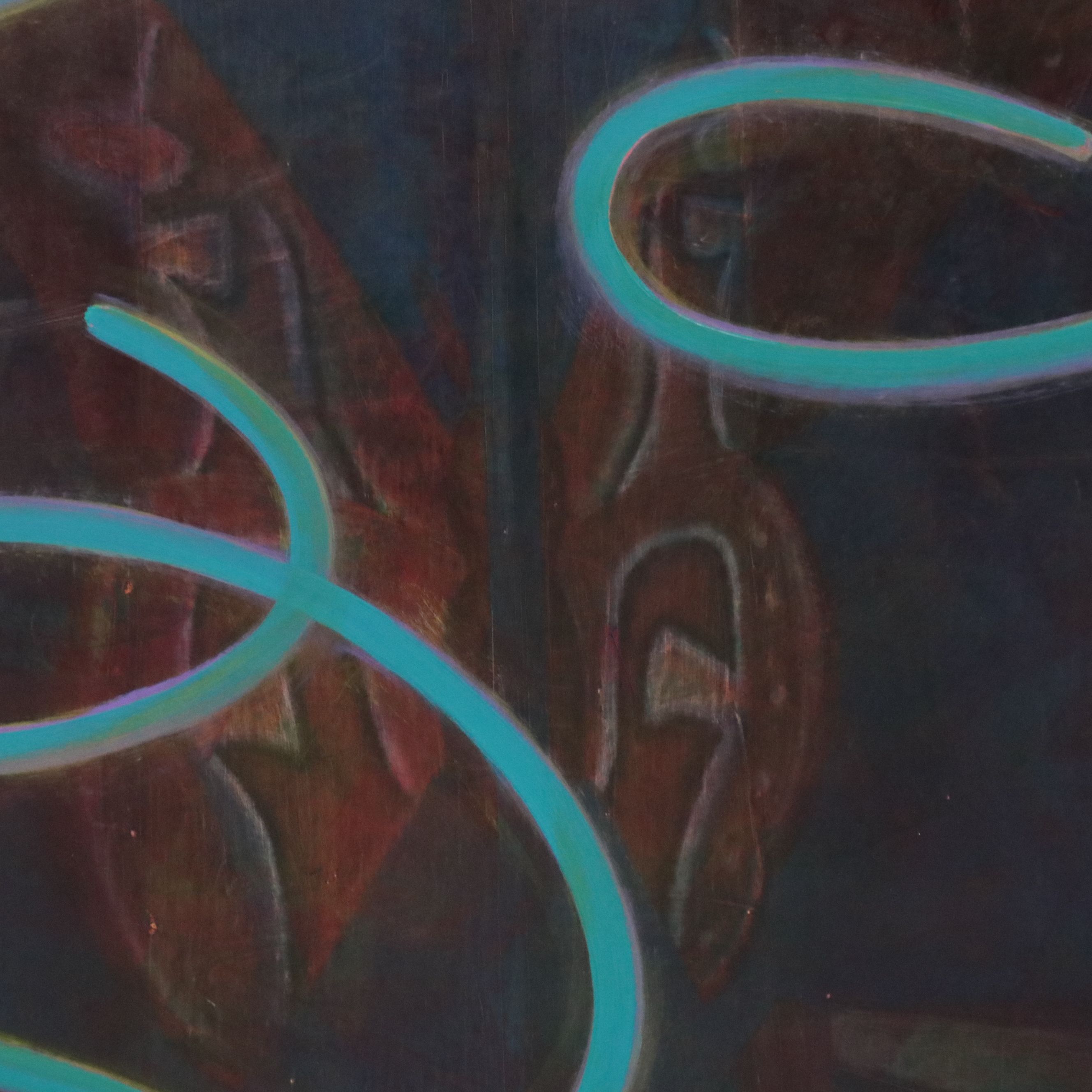 Kim Krause Monumental Oil Painting of Interior Scene and Non-Objective Forms