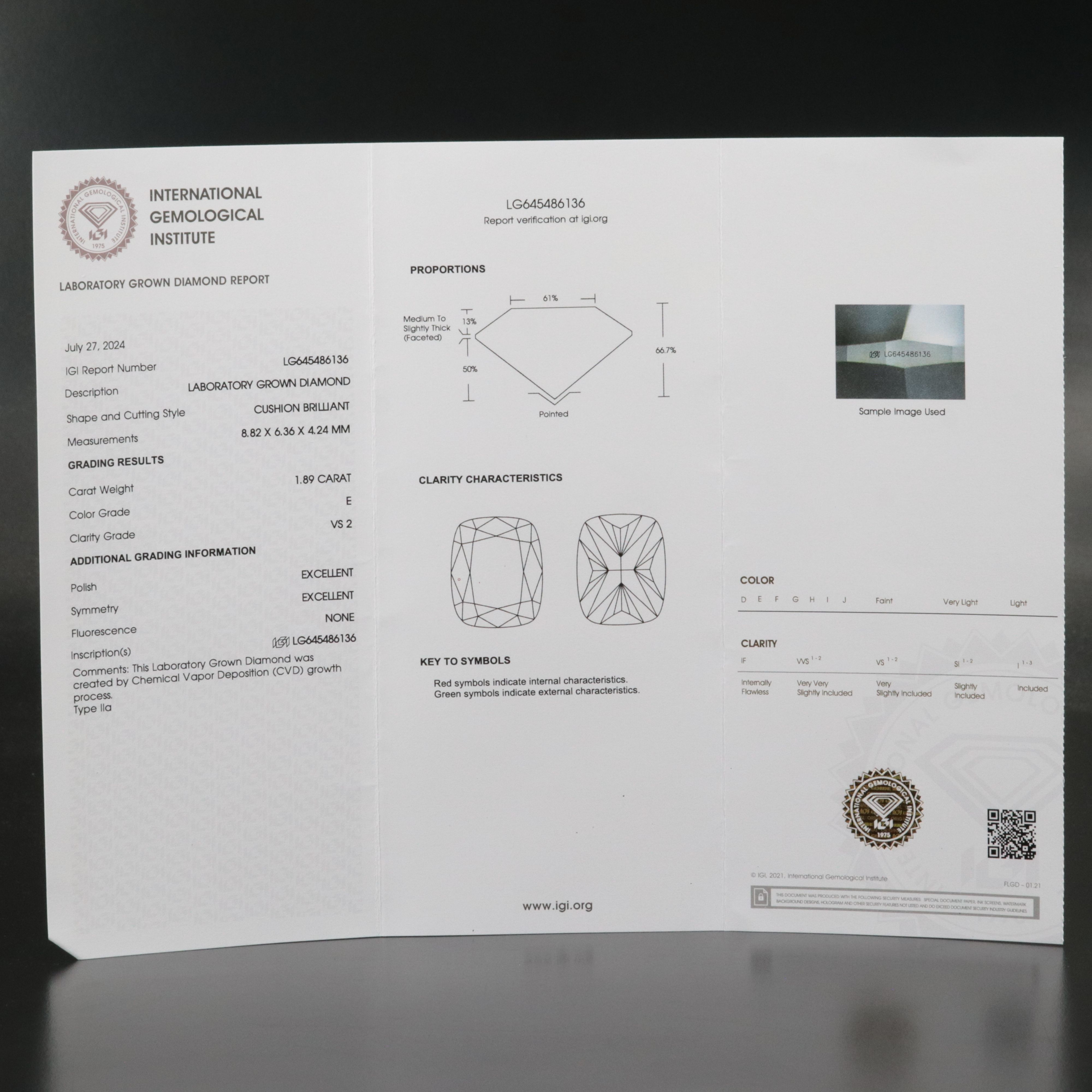 Loose 1.89 CT Lab Grown Diamond with IGI Report