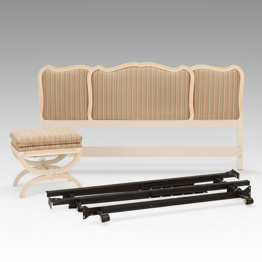 Davis Regency Style Cream Lacquered King Size Headboard with Curule Stool