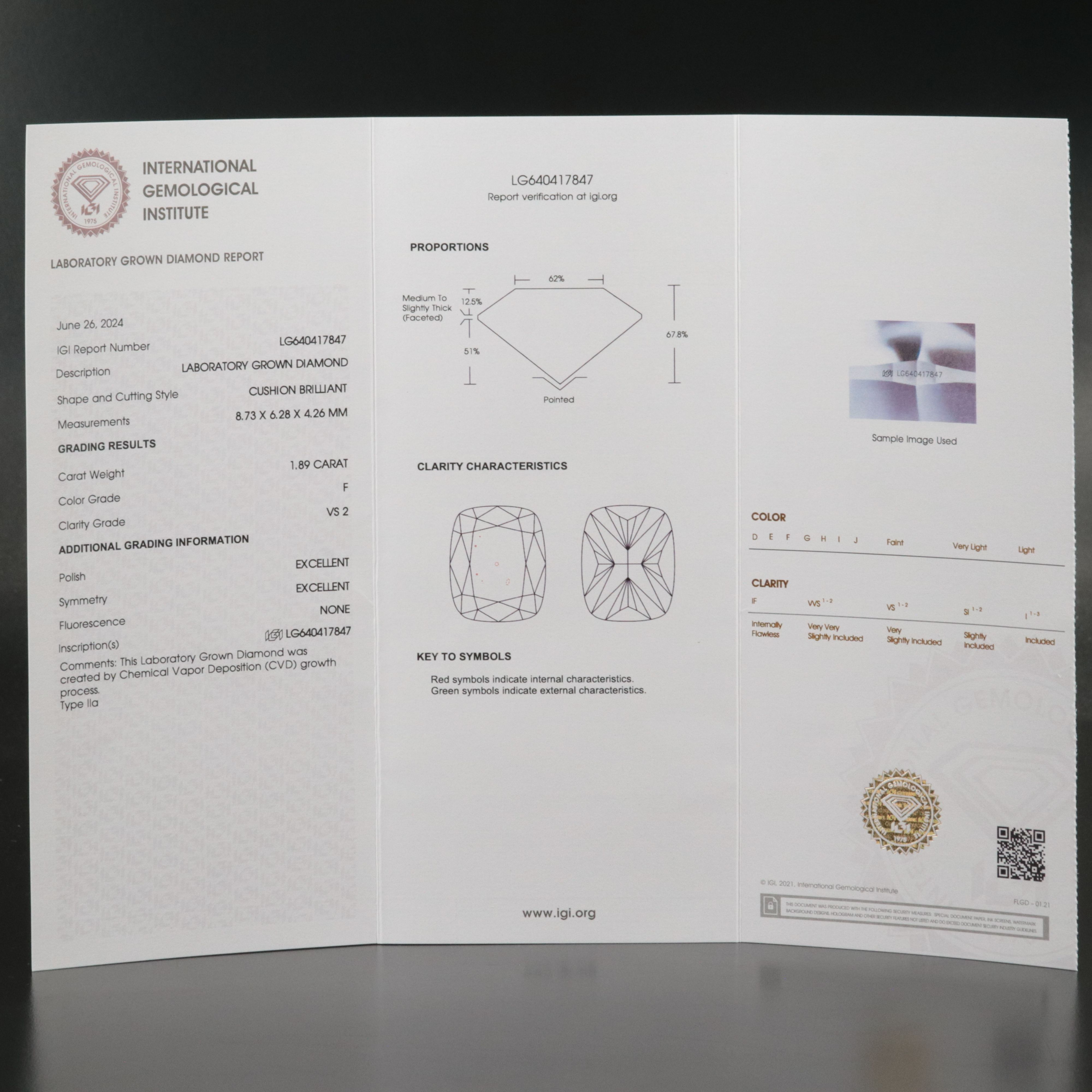 Loose 1.89 CT Lab Grown Diamond with IGI Report