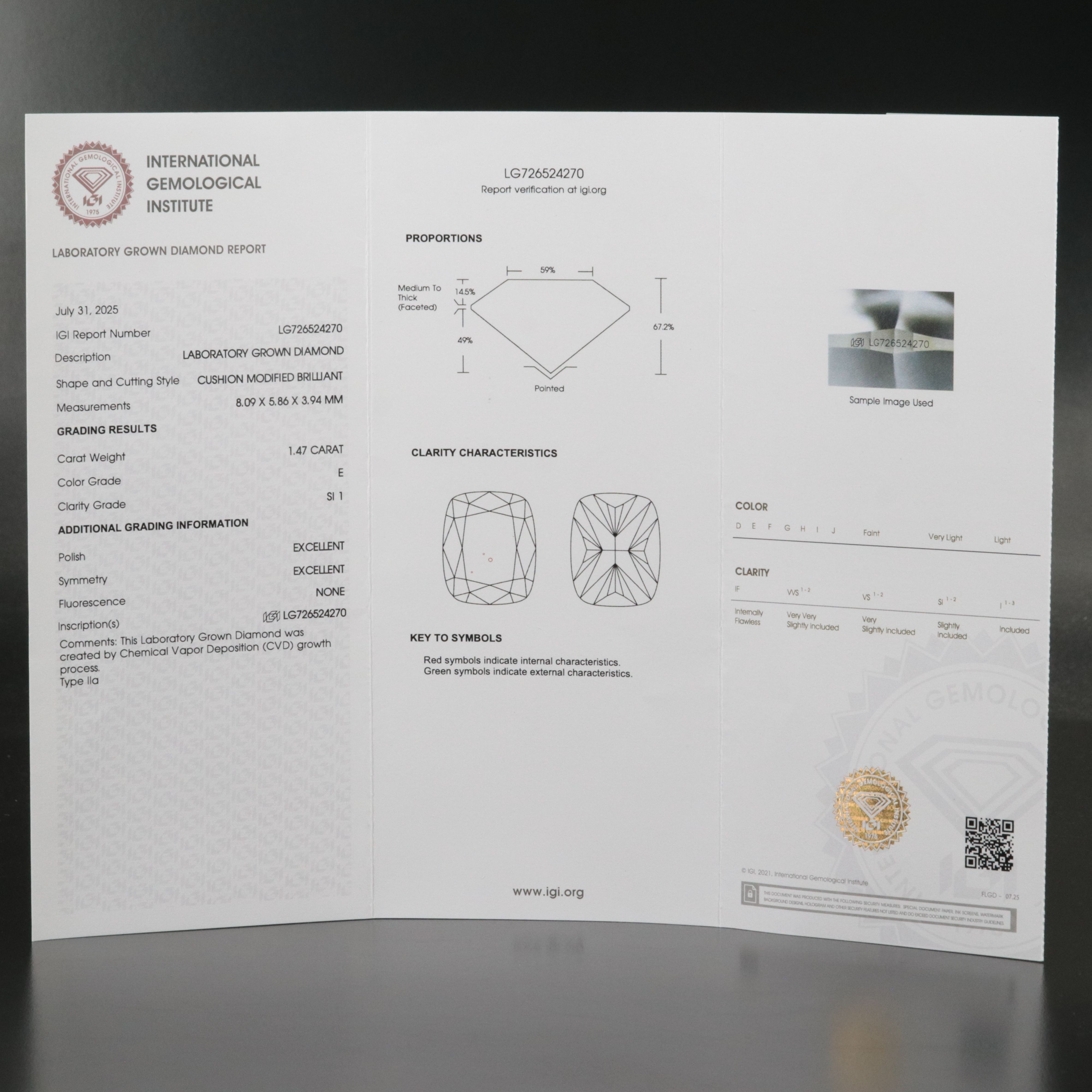 Loose 1.47 CT Lab Grown Diamond with IGI Report