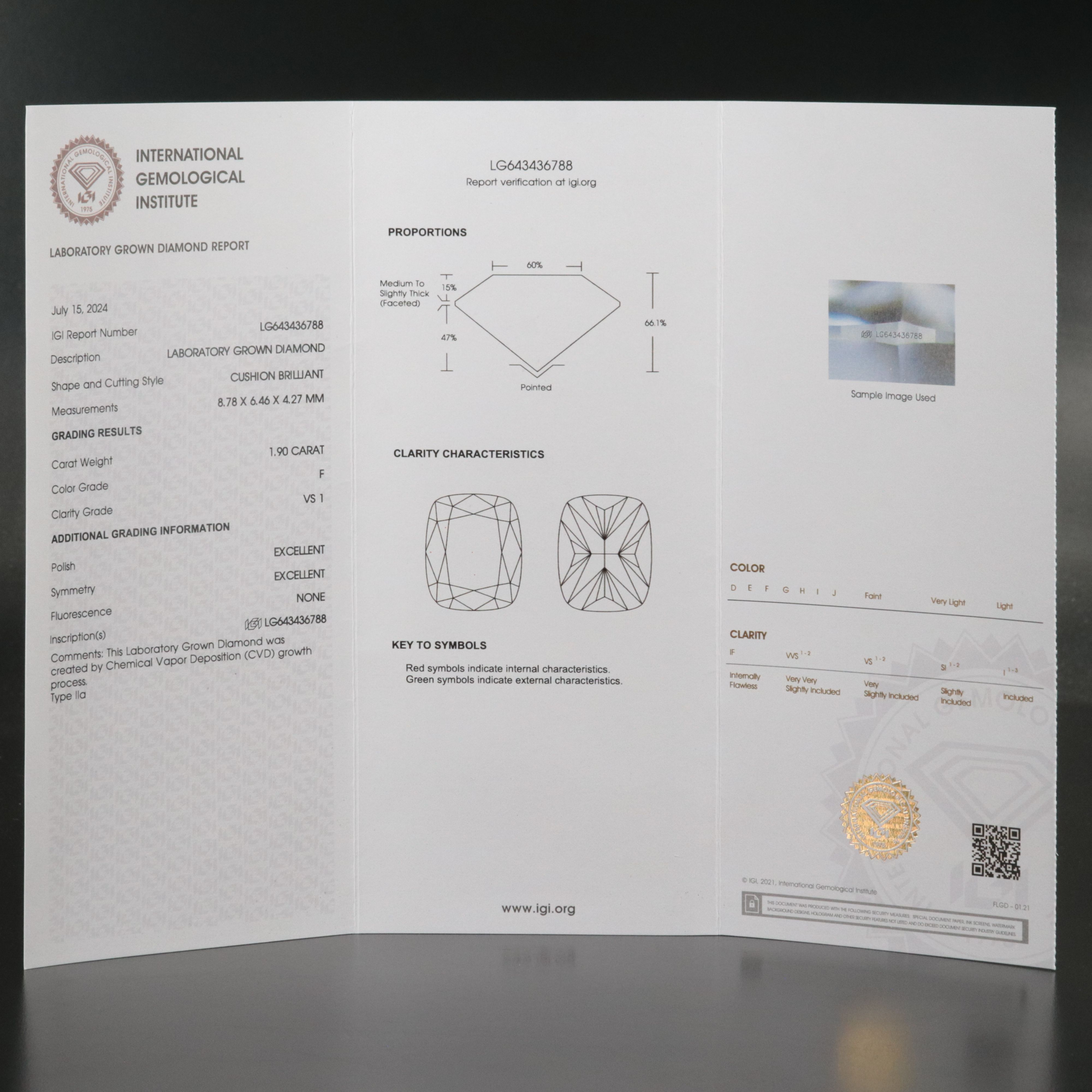 Loose 1.90 CT Lab Grown Diamond with IGI Report