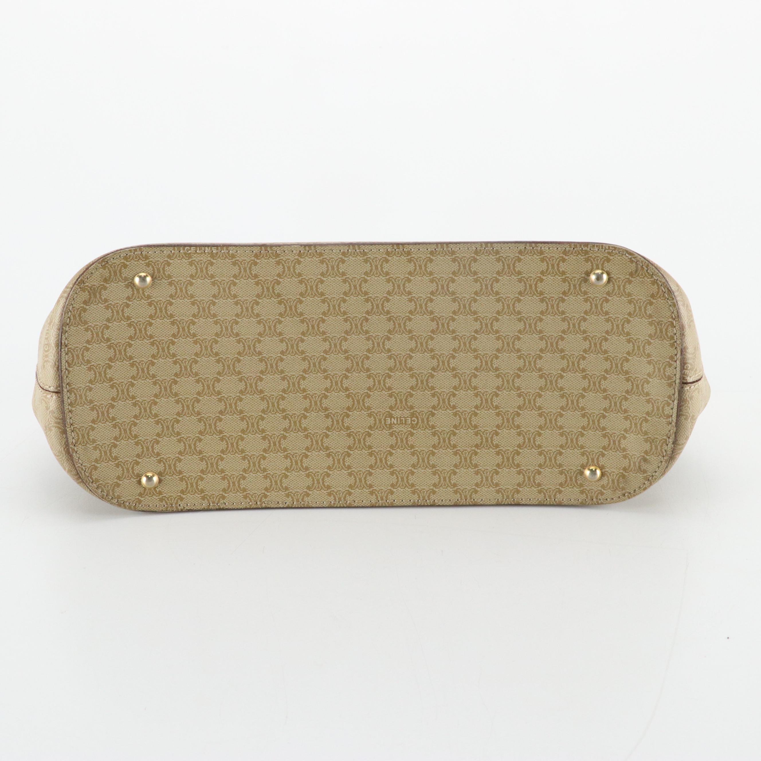 Celine Dome Handbag in Beige Triomphe Macadam Canvas and Brown Leather Trim