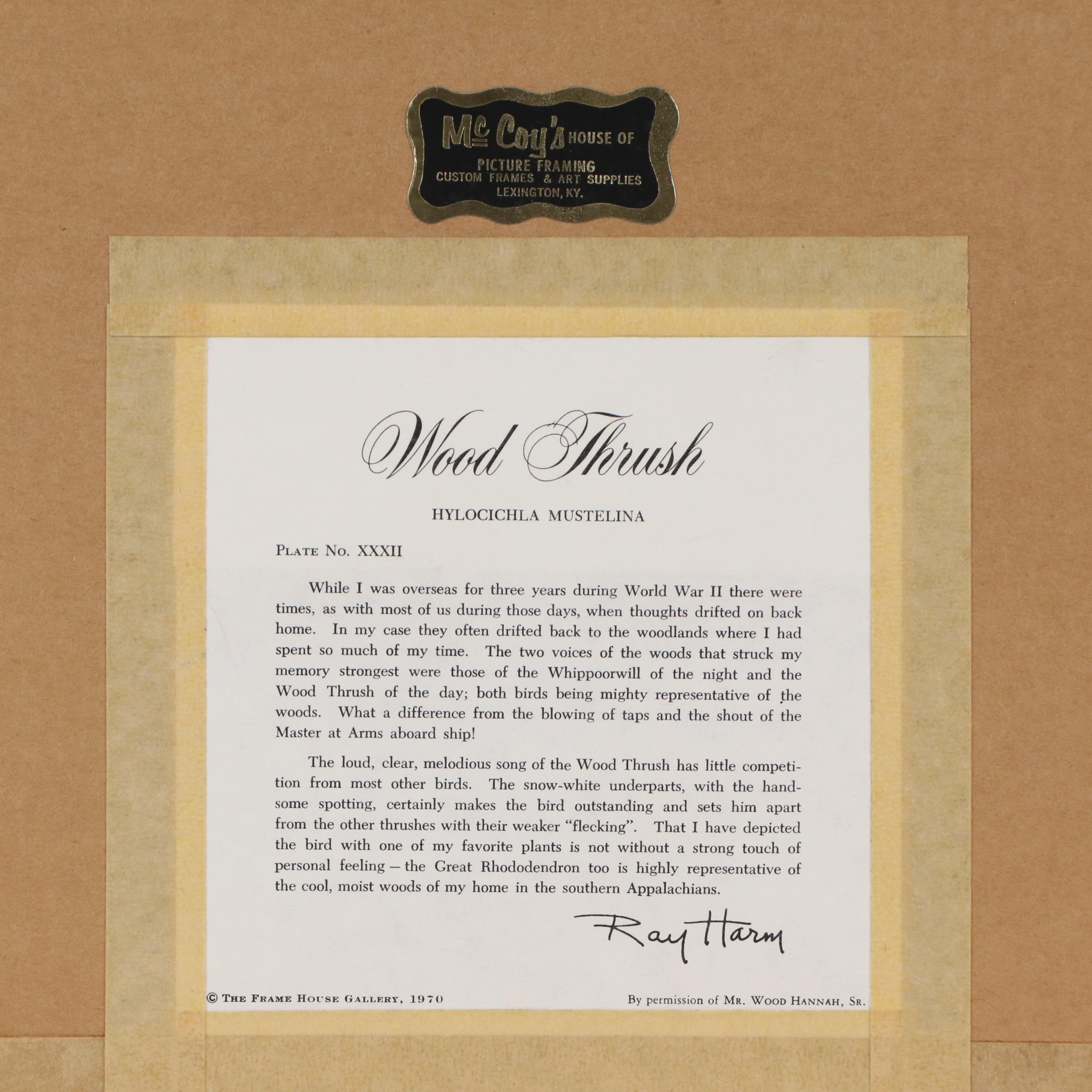 Ray Harm Offset Lithograph "Wood Thrush"