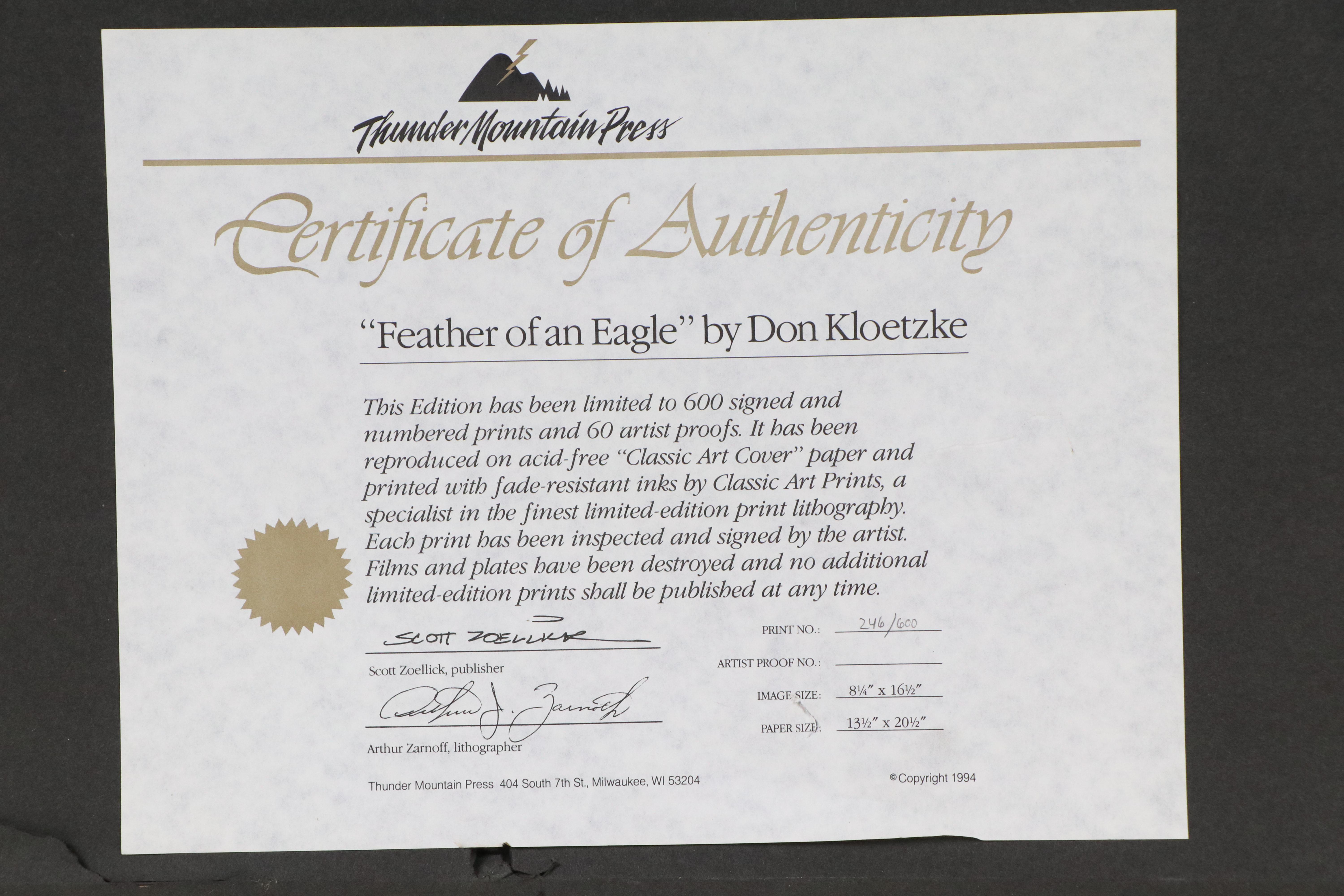 Don Kloetzke Offset Lithograph "Feather of an Eagle," 1994