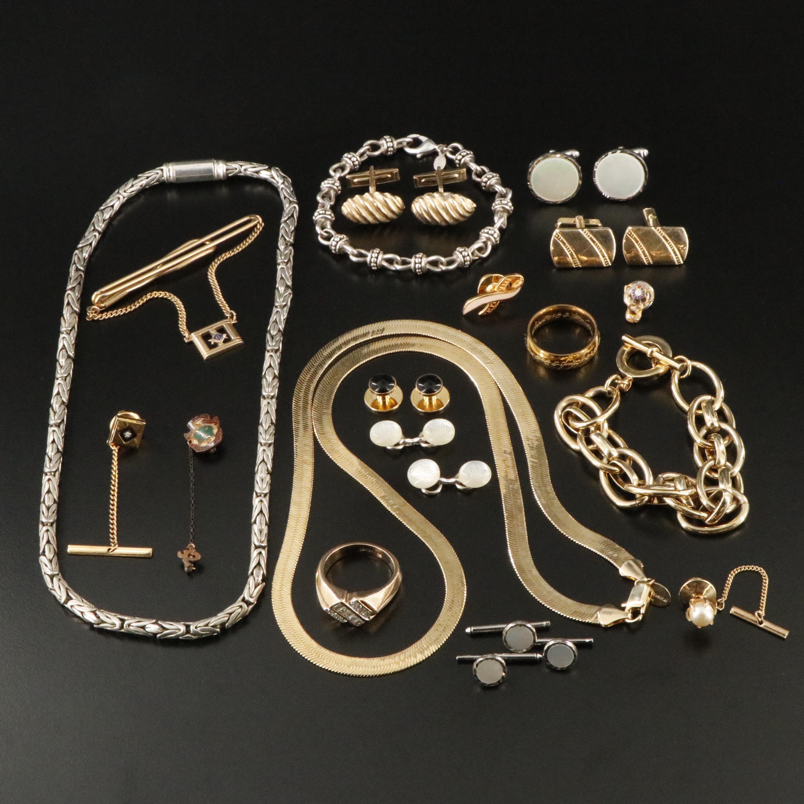 Swank Masonic Tie Bar, Mother-of-Pearl and Diamond Accents Featured in Jewelry