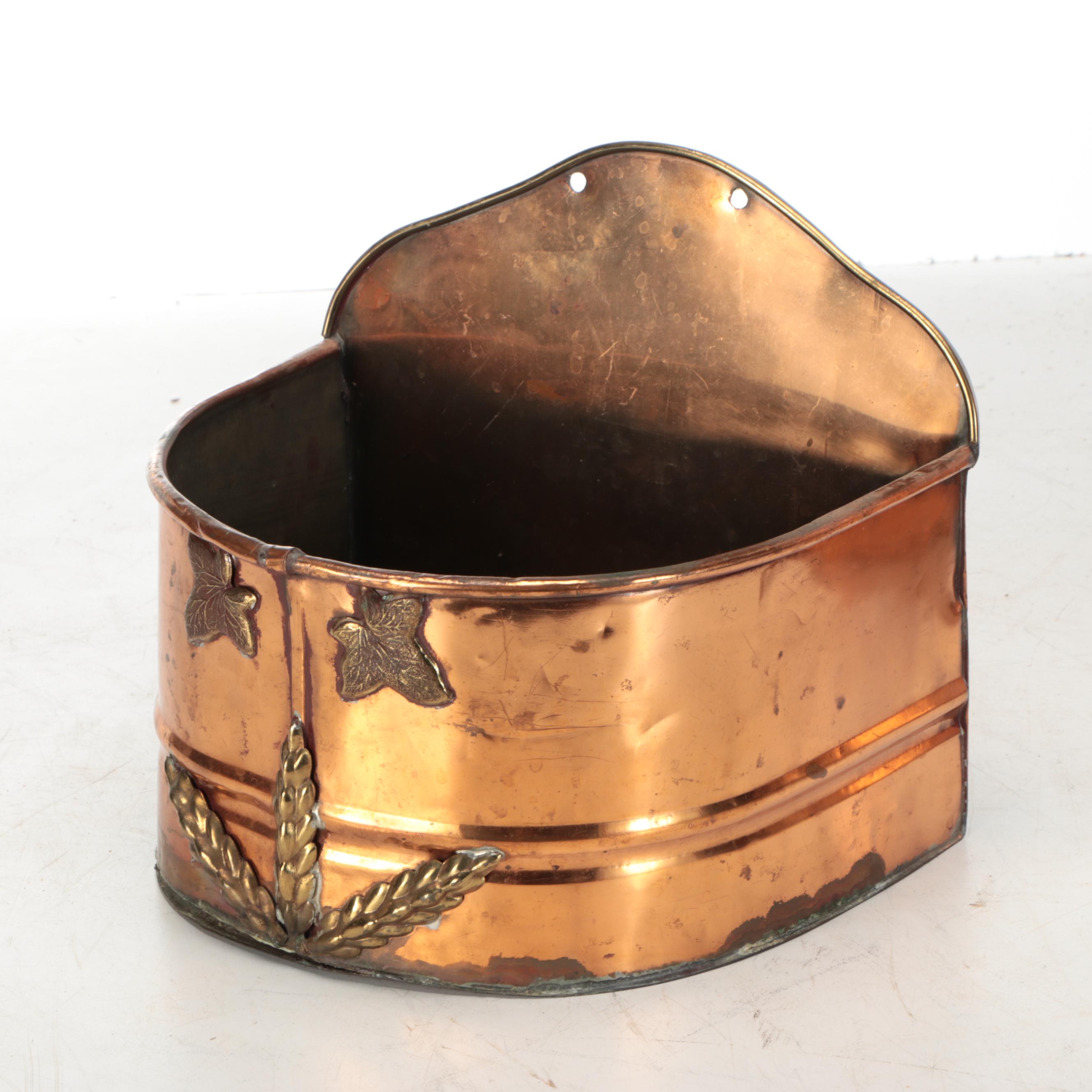 Copper and Brass Spouted Water Barrel with Foliate Wall Planter