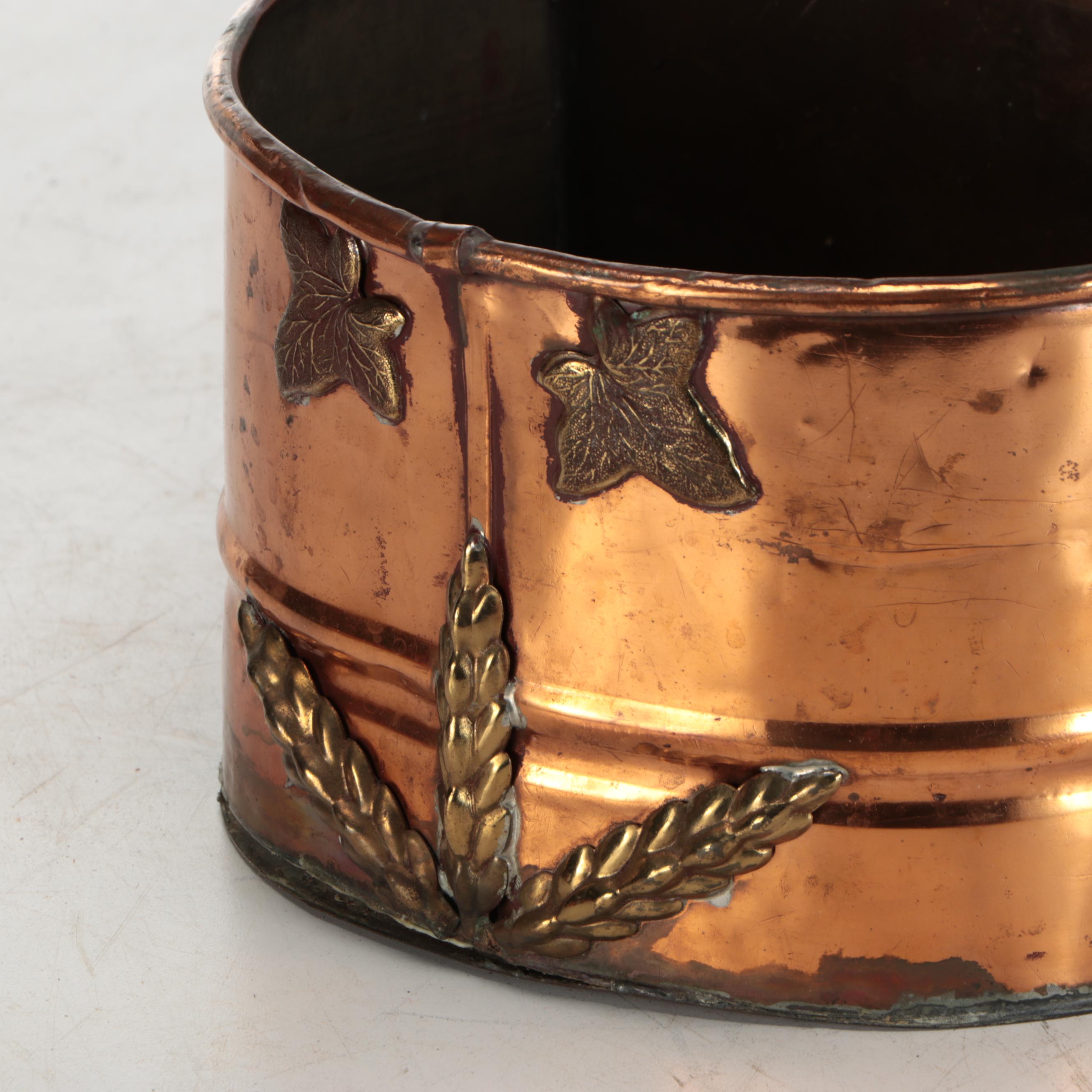 Copper and Brass Spouted Water Barrel with Foliate Wall Planter