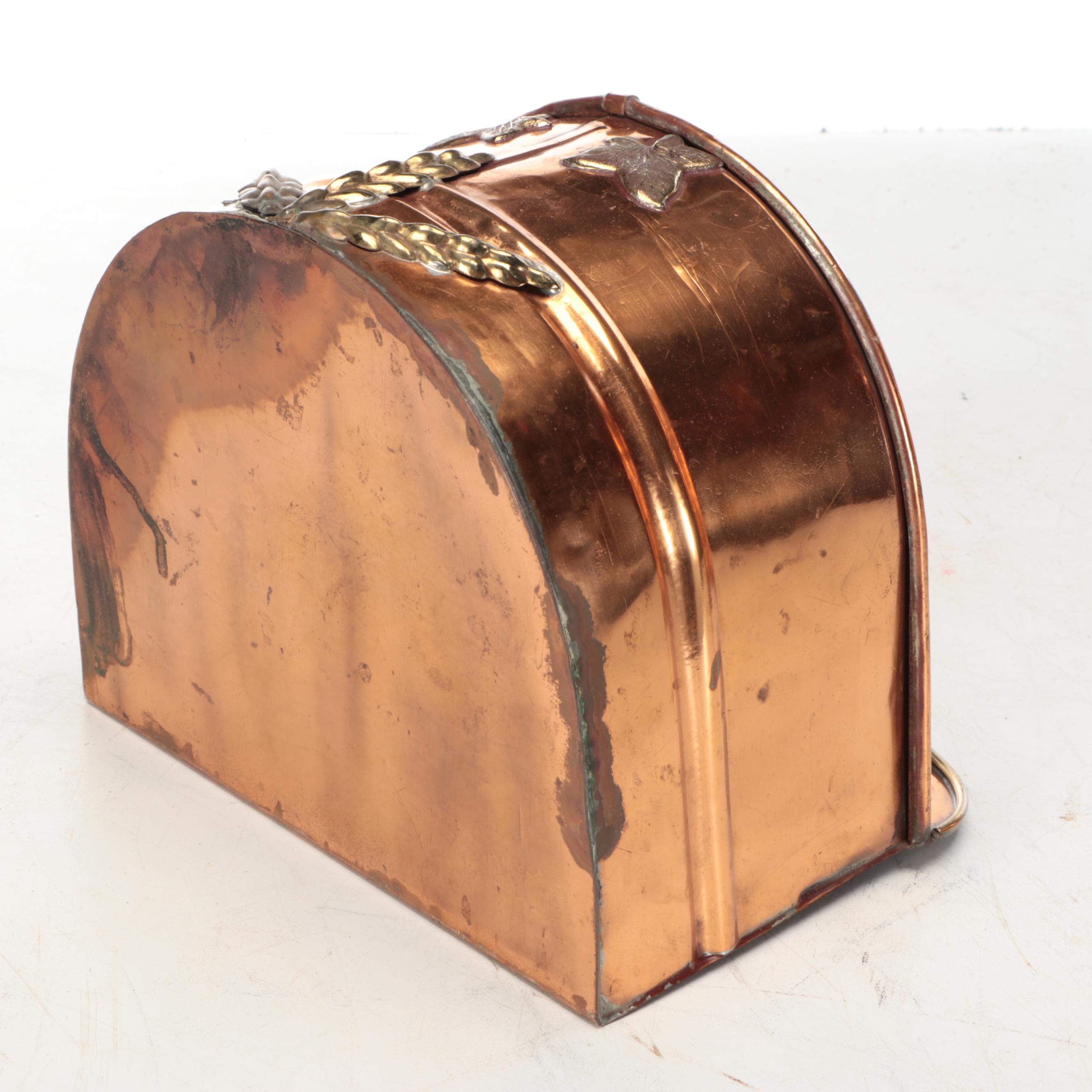 Copper and Brass Spouted Water Barrel with Foliate Wall Planter