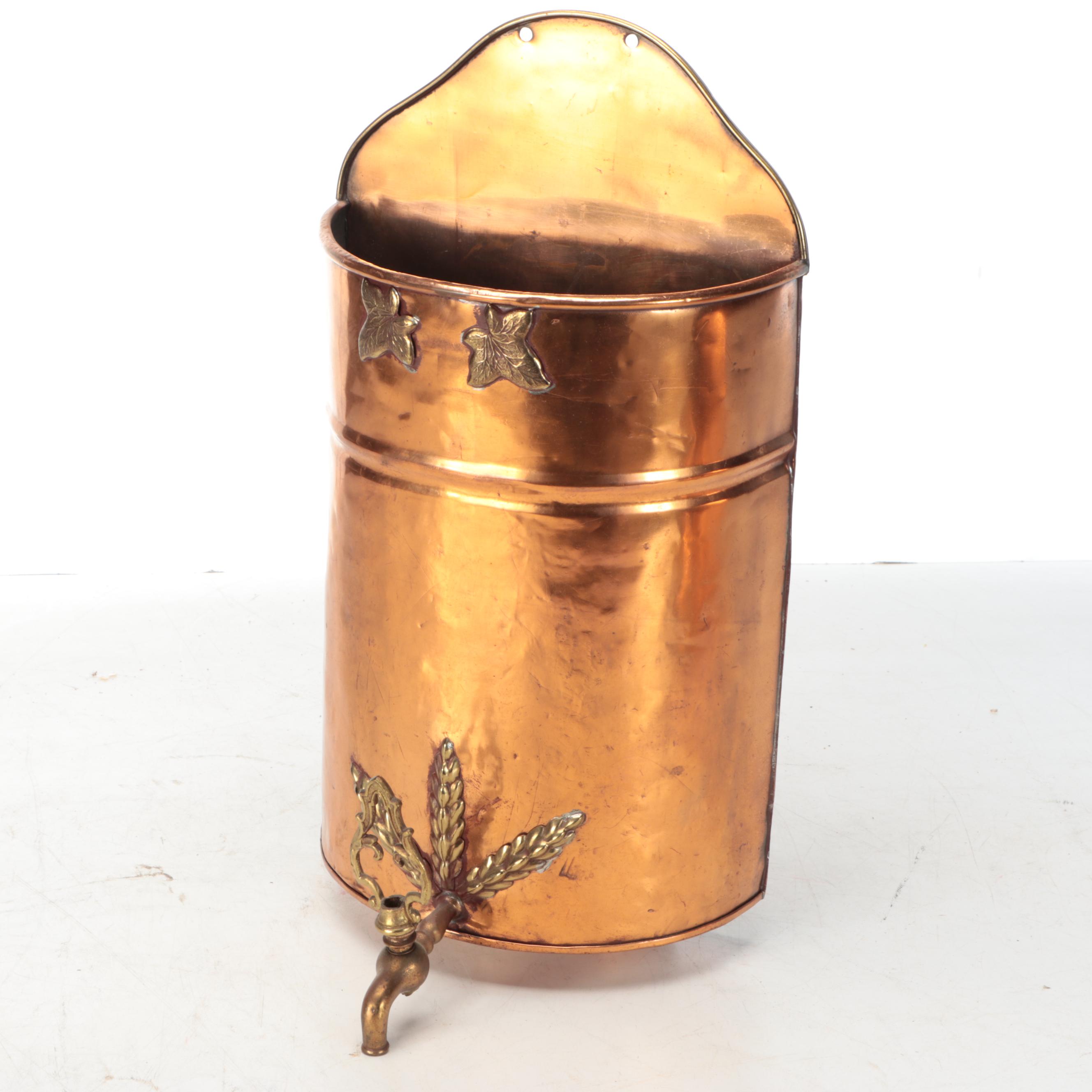 Copper and Brass Spouted Water Barrel with Foliate Wall Planter