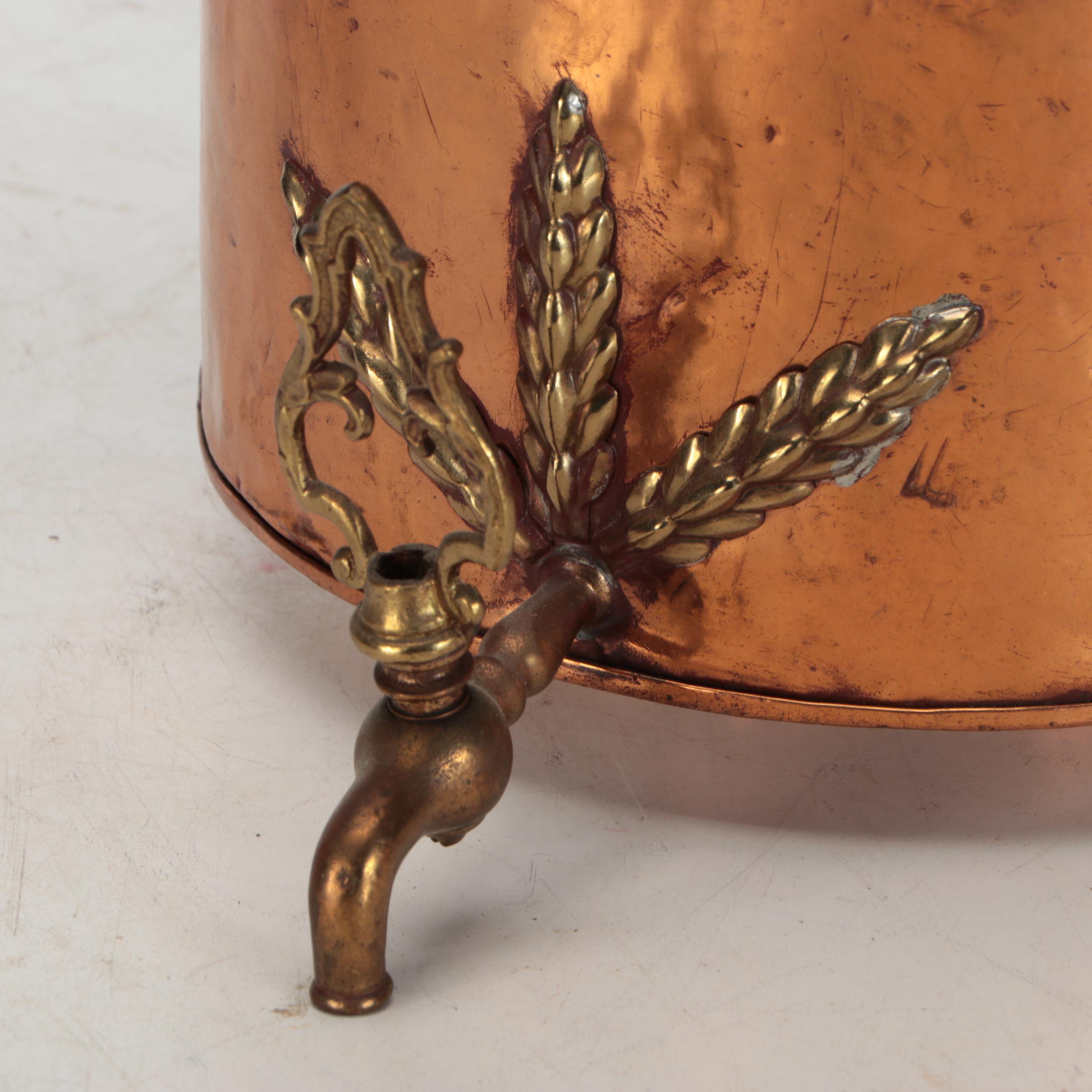 Copper and Brass Spouted Water Barrel with Foliate Wall Planter