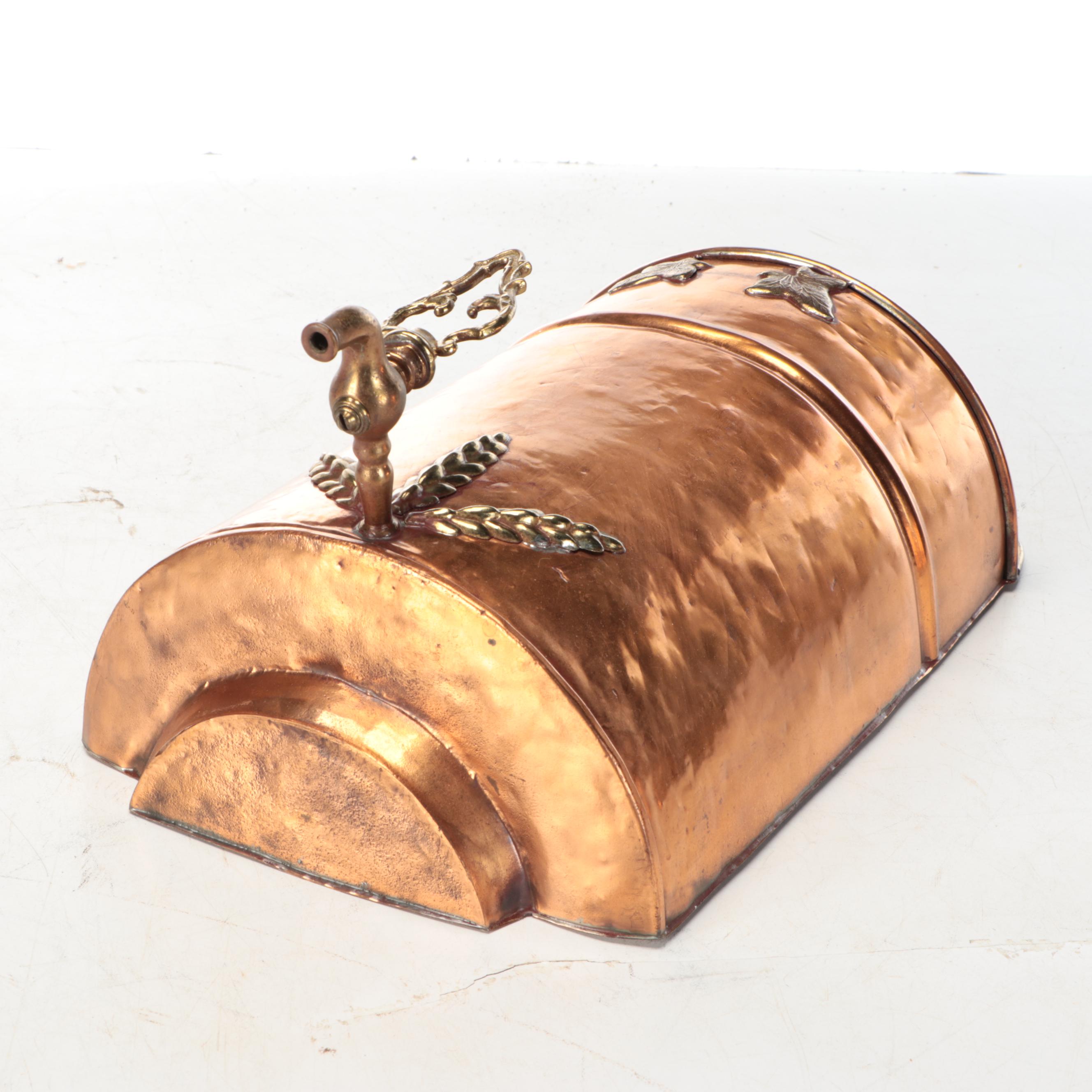 Copper and Brass Spouted Water Barrel with Foliate Wall Planter