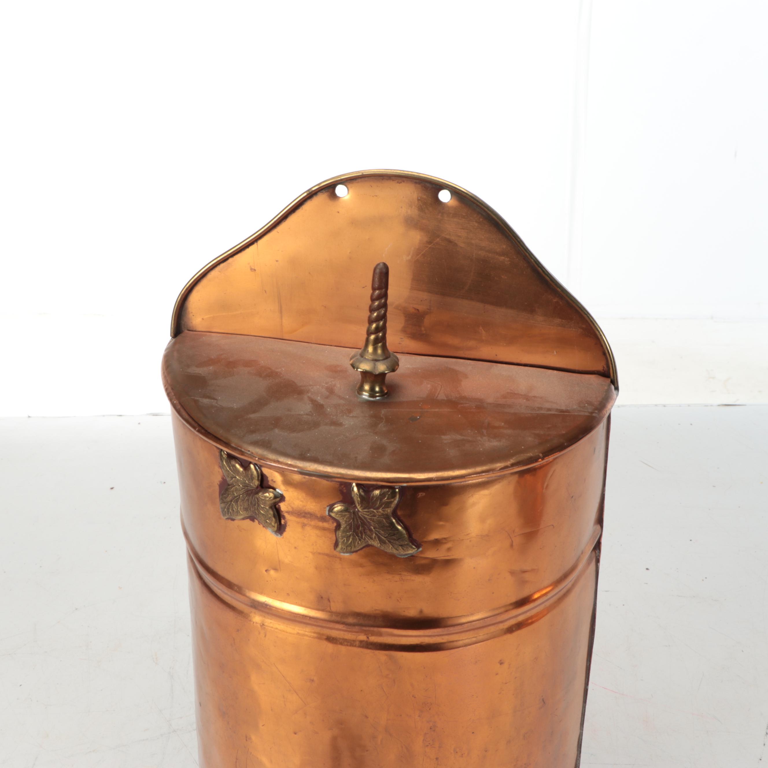 Copper and Brass Spouted Water Barrel with Foliate Wall Planter
