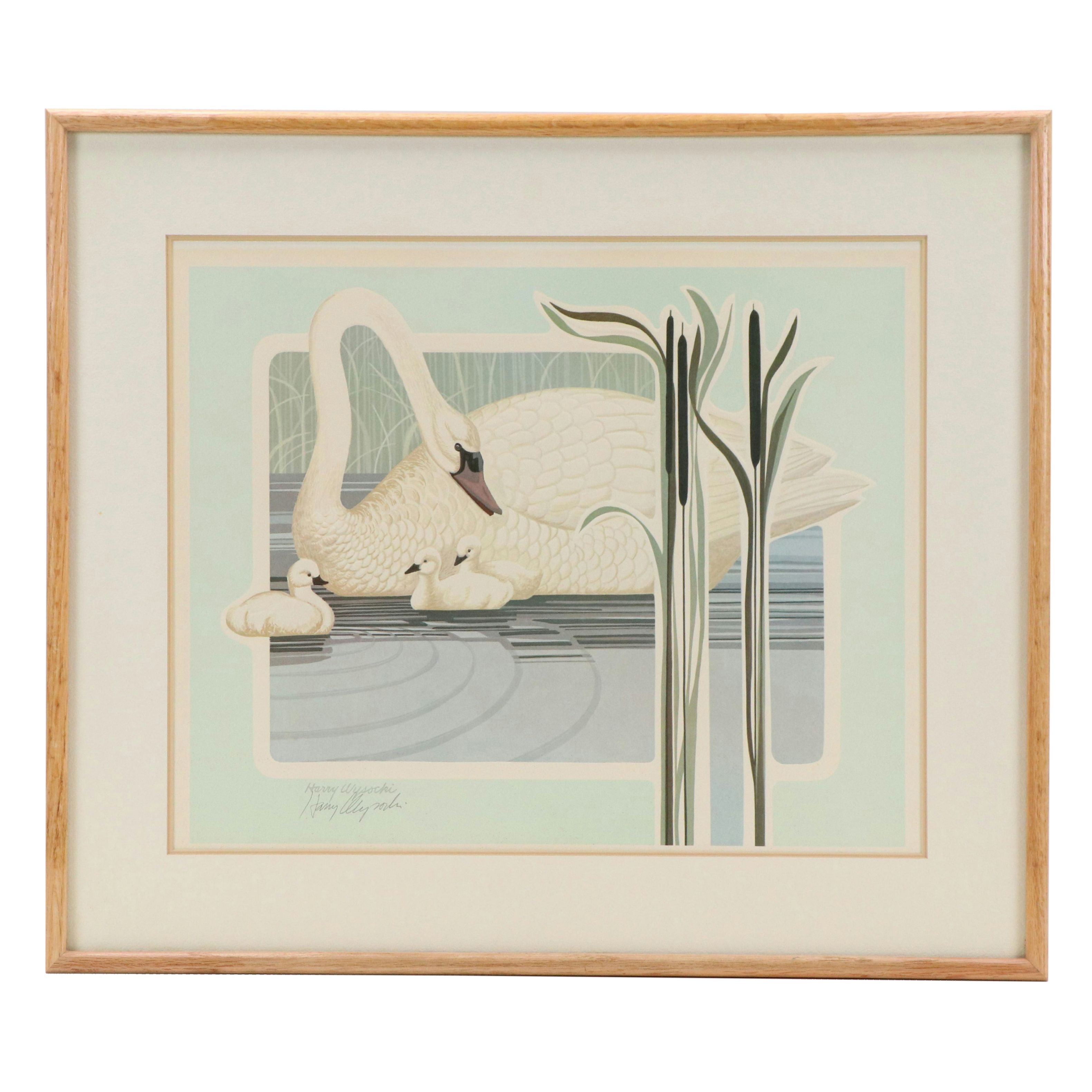 Harry Wysocki Embossed Offset Lithograph of Swans