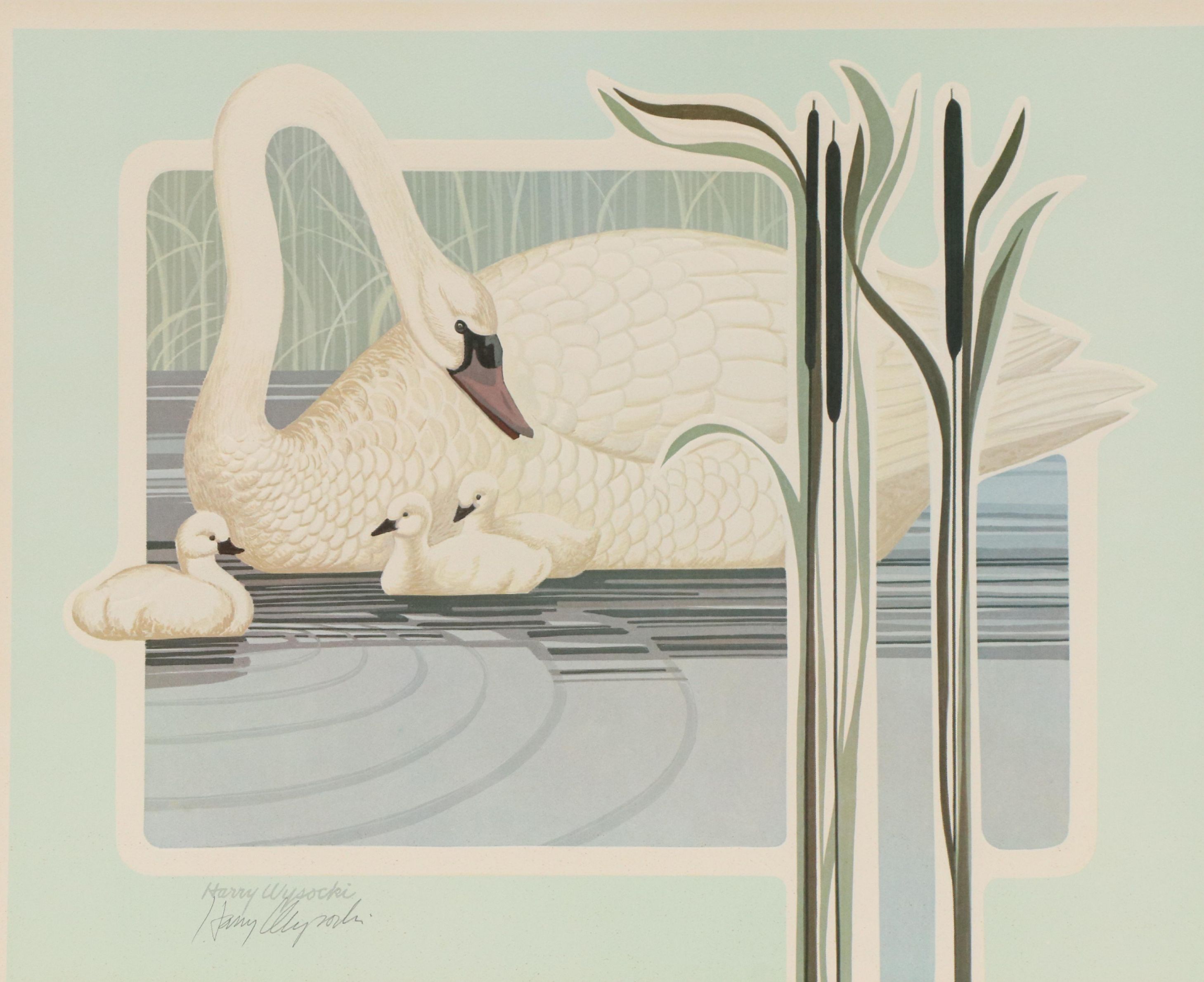 Harry Wysocki Embossed Offset Lithograph of Swans