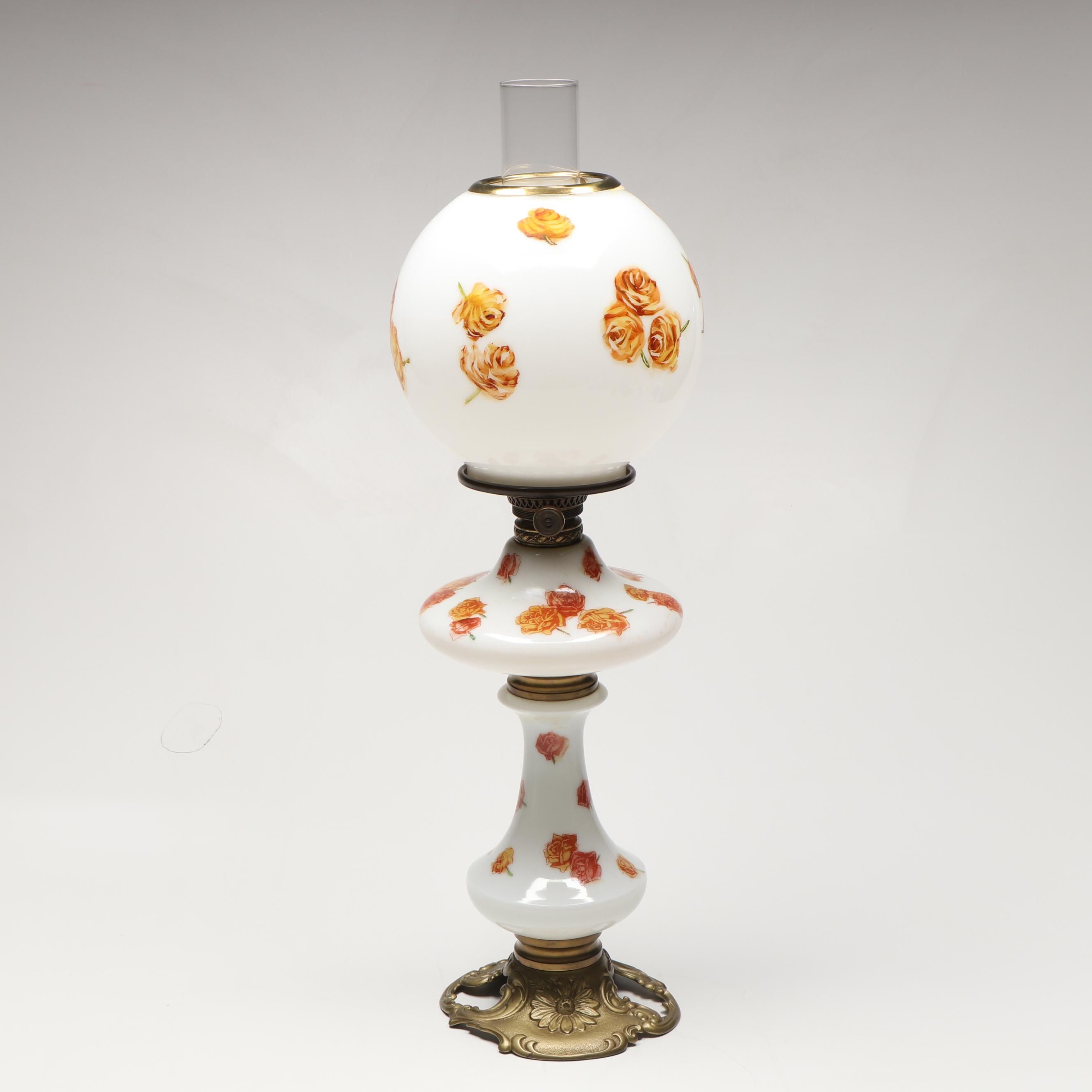 Vintage Floral Milk Glass and Brass Oil Lamp