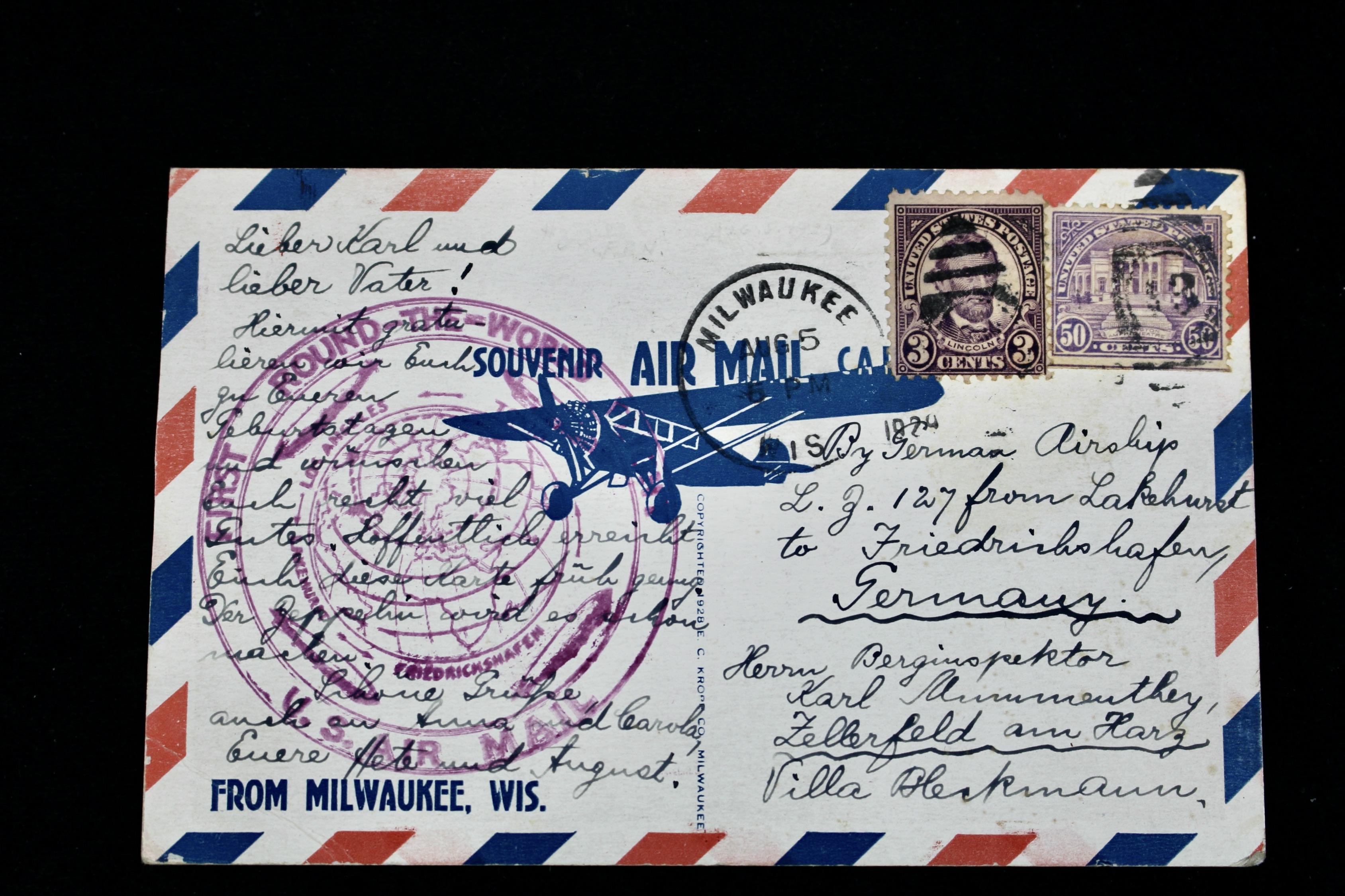 First Round-the-World Zeppelin Flight Commemorative Postcard, 1929