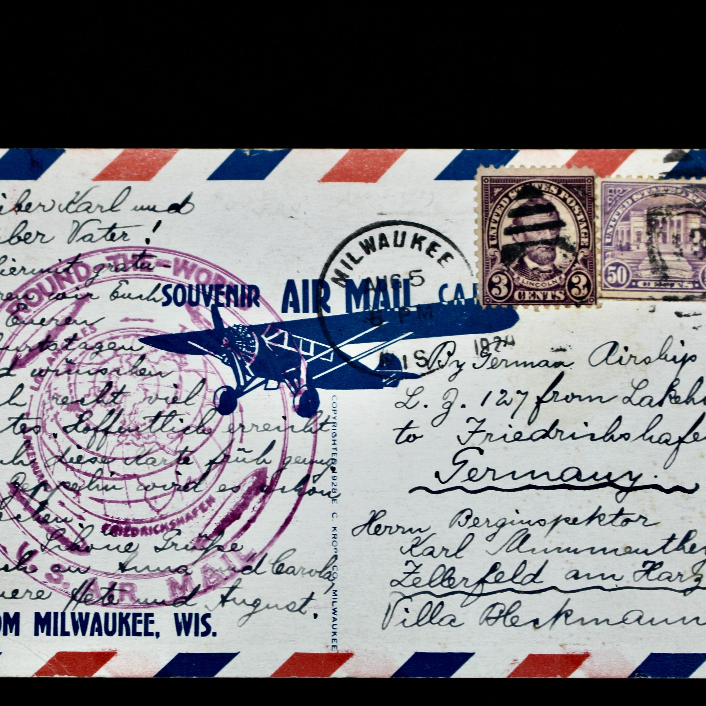 First Round-the-World Zeppelin Flight Commemorative Postcard, 1929