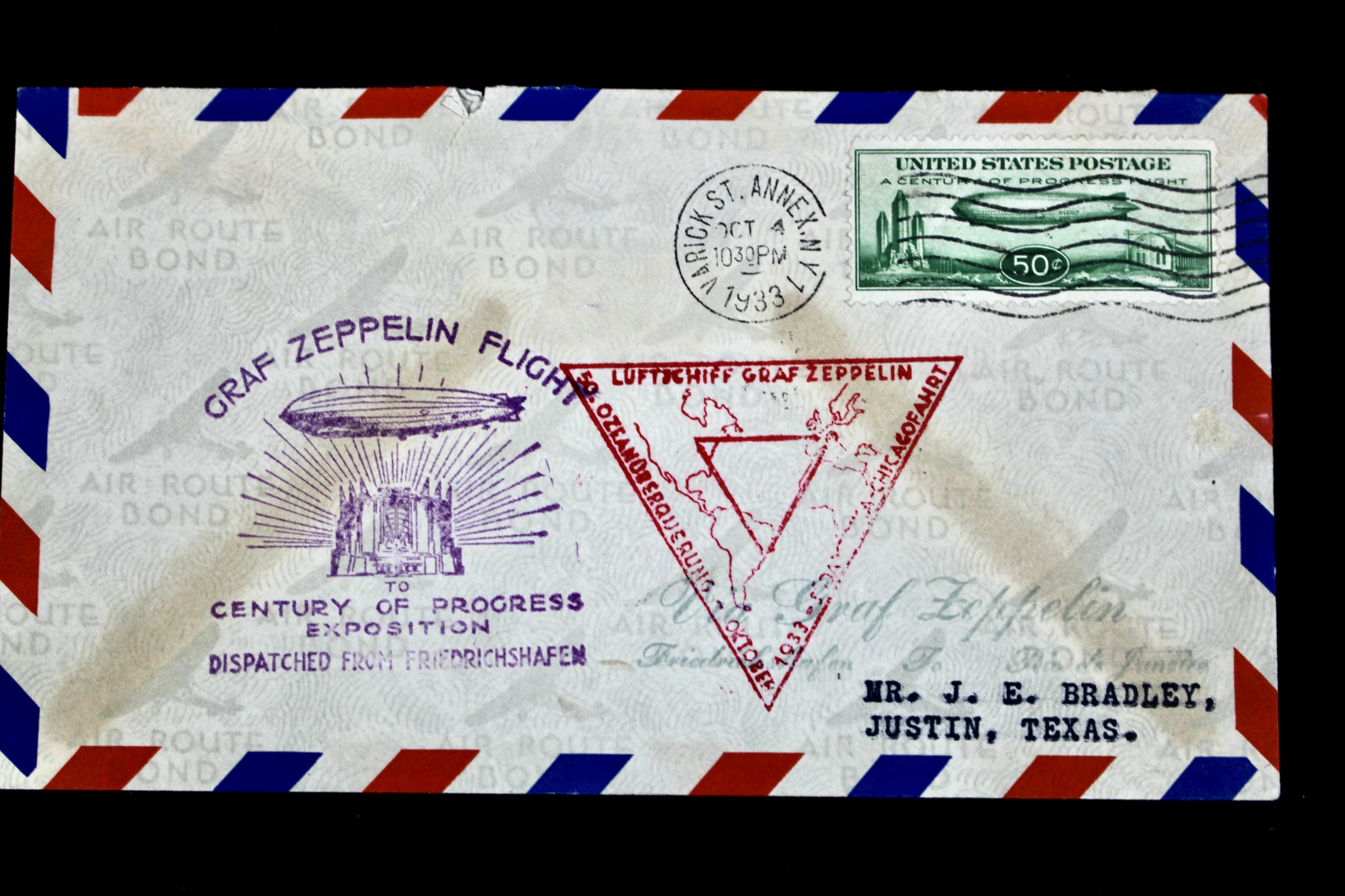 1933 Century of Progress Graf Zeppelin Postal Cover, Includes Scott C18