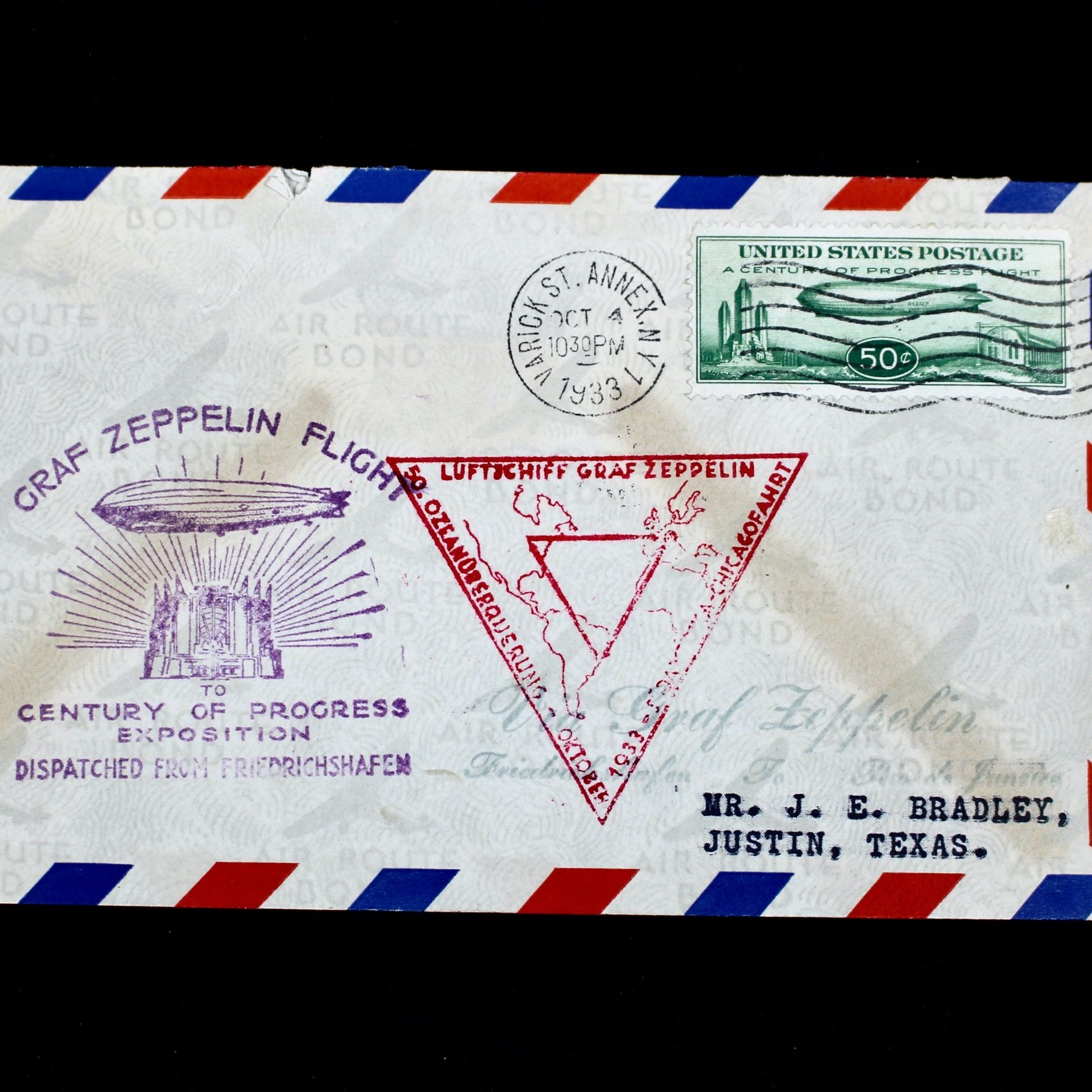 1933 Century of Progress Graf Zeppelin Postal Cover, Includes Scott C18