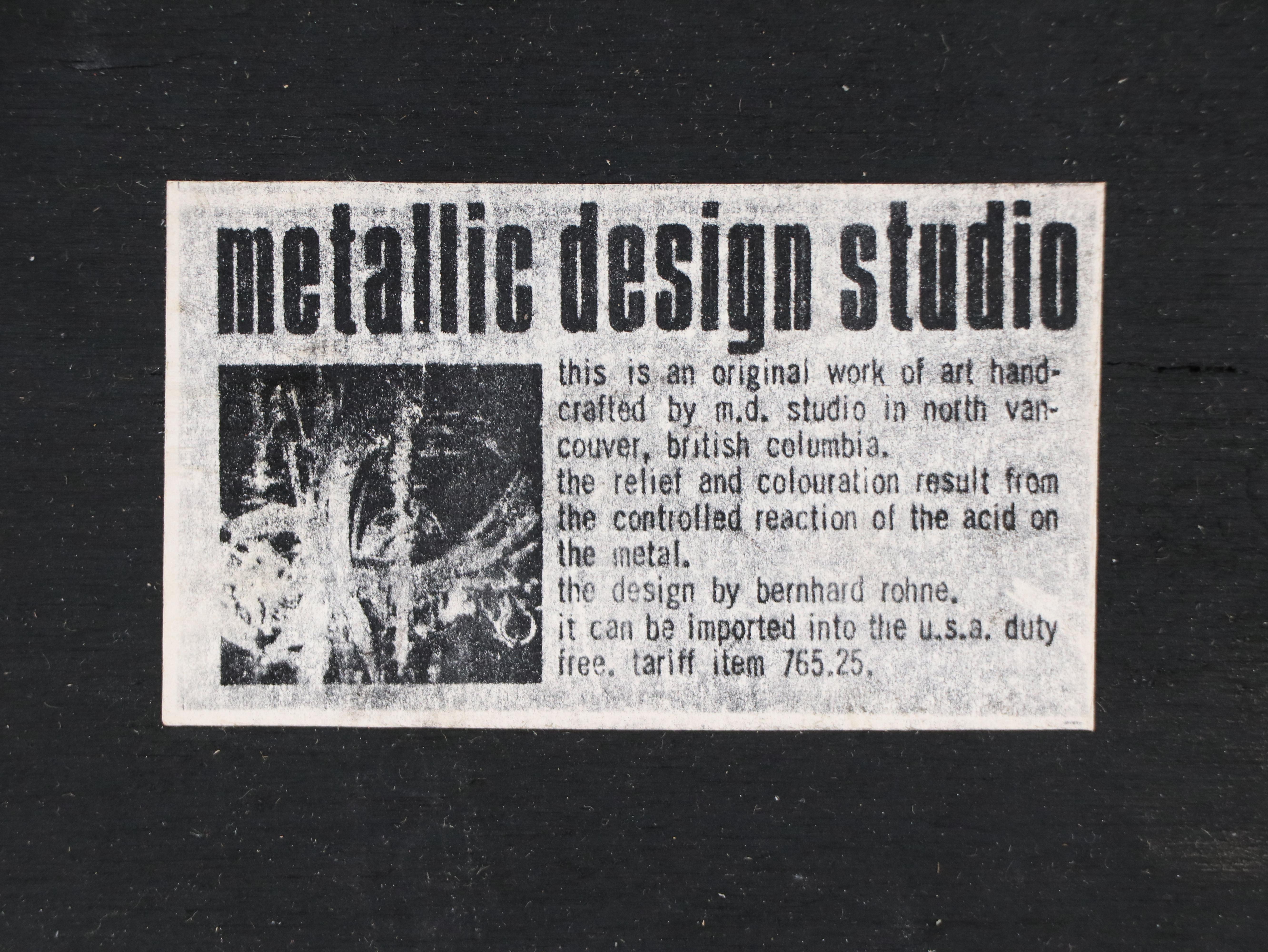 Metallic Design Studio for Bernhard Rohne Acid Etched Sheet Metal Art, 1973