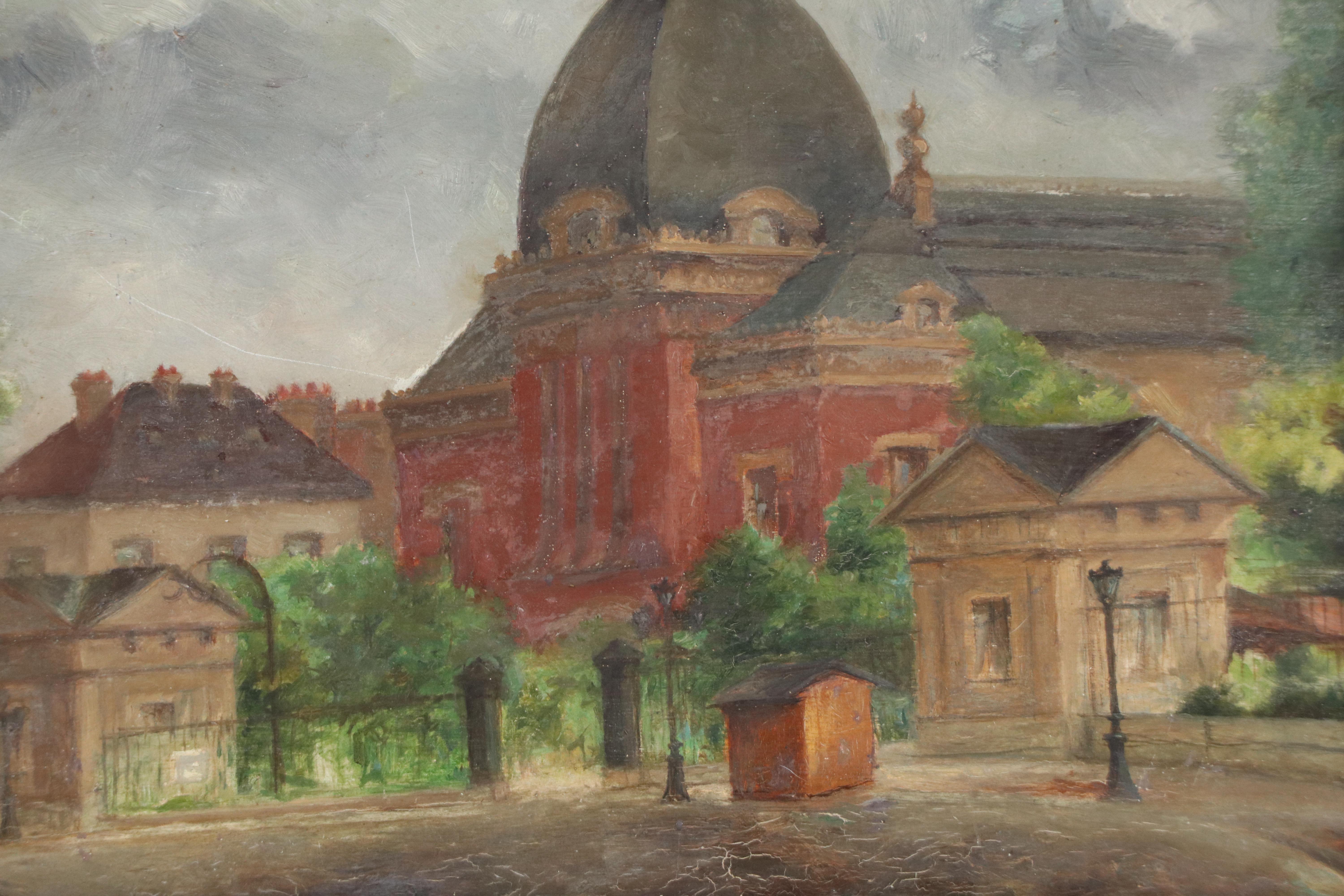 Landscape Oil Painting of European Town, Mid-20th century