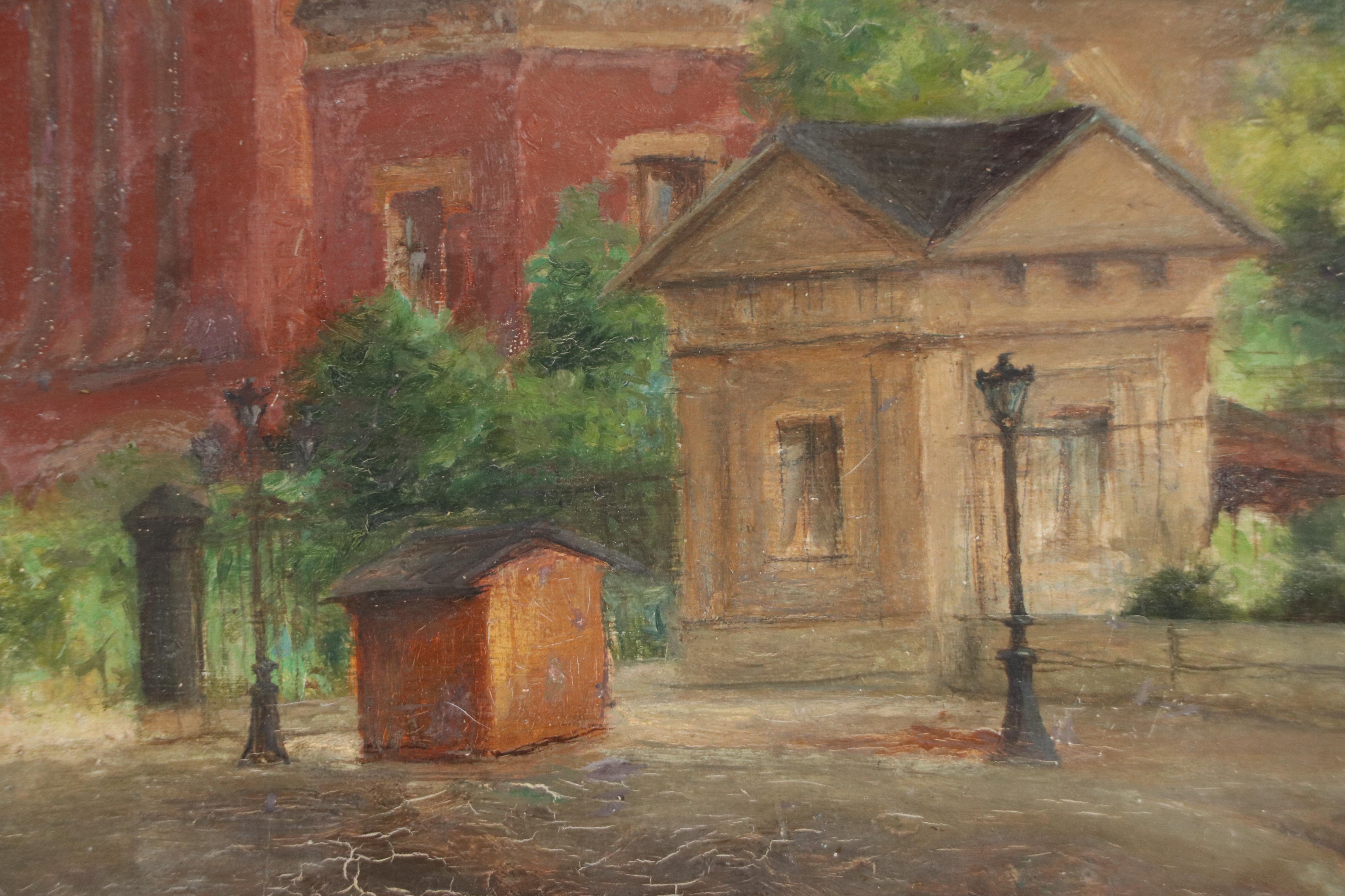 Landscape Oil Painting of European Town, Mid-20th century