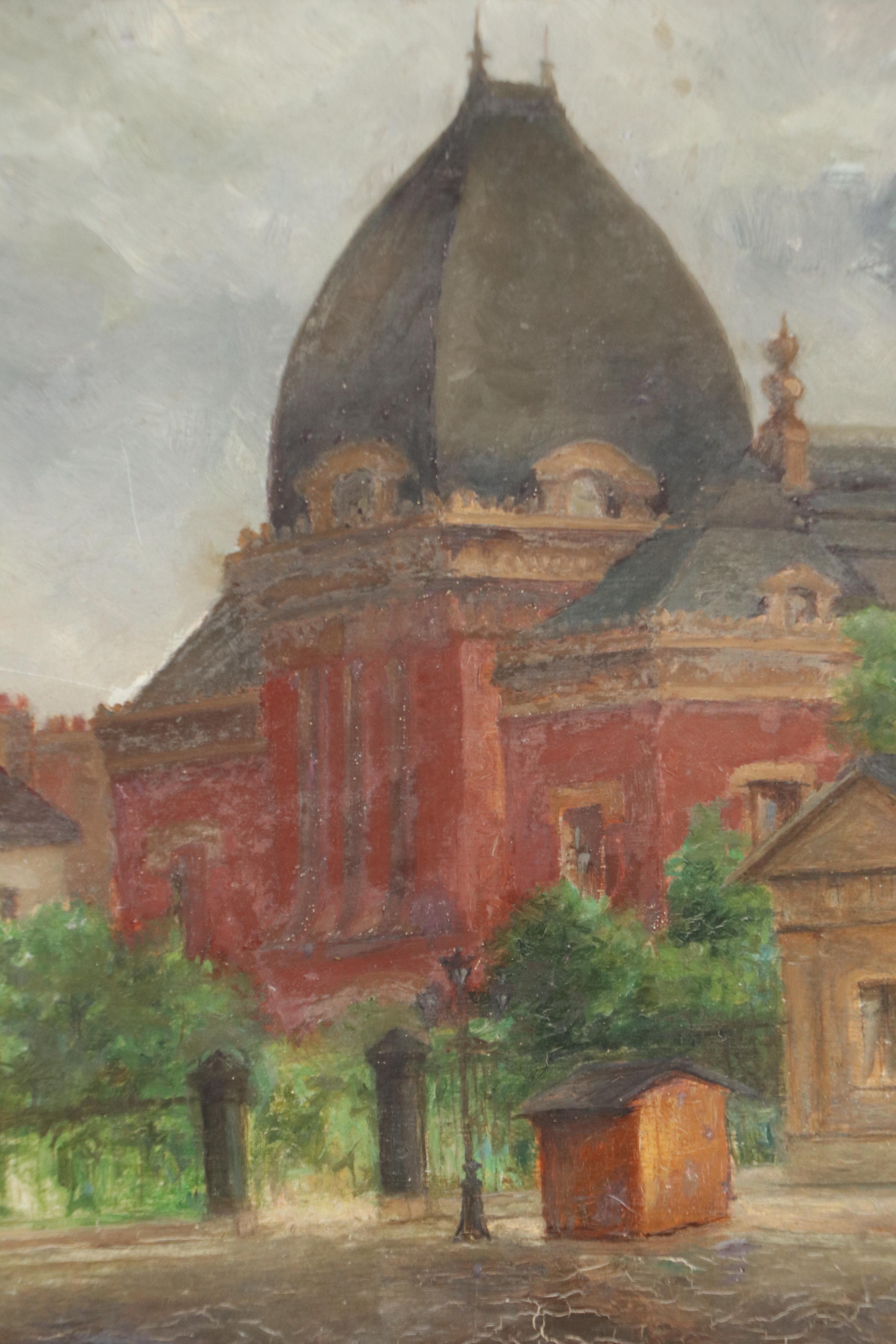 Landscape Oil Painting of European Town, Mid-20th century